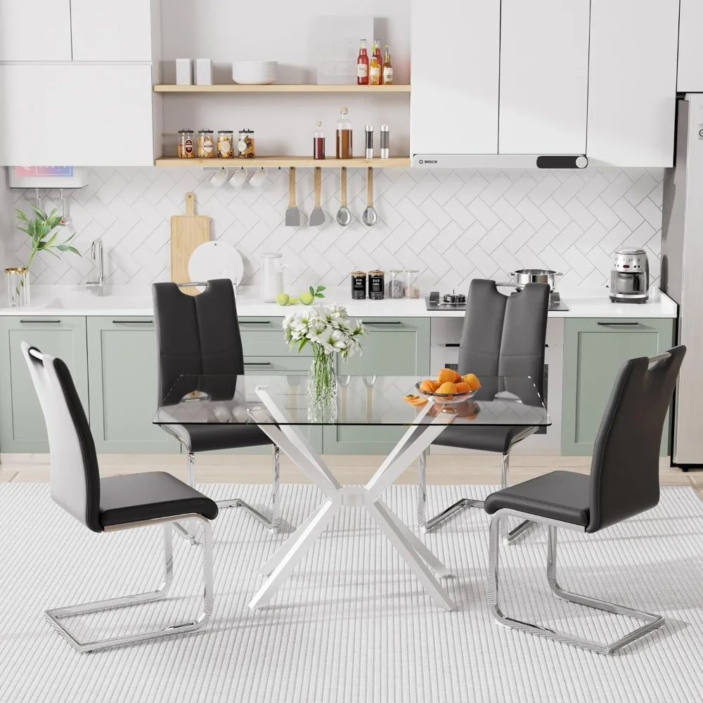 Modern Rectangular Glass Dining Table Set for 4, 47" Clear Tempered Glass Kitchen Table with Silver Metal Legs & 4 Black PU Faux