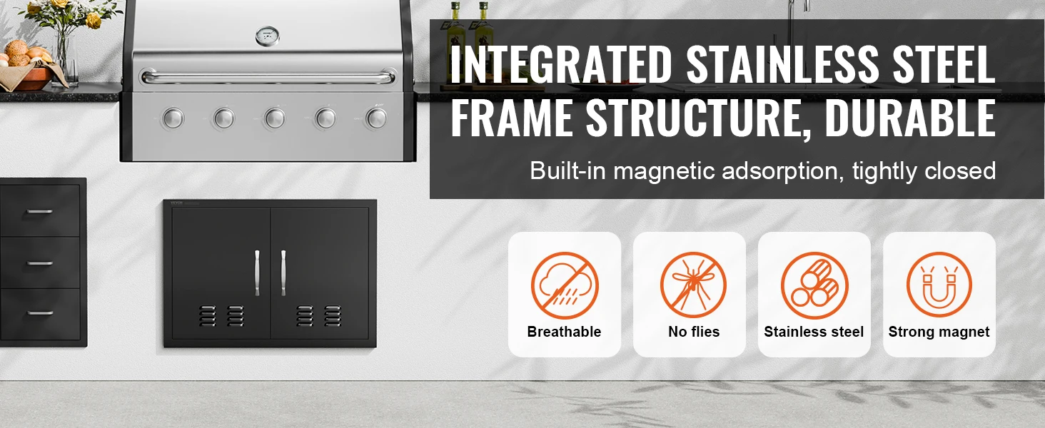 SucceBuy BBQ Access Door Double Outdoor Kitchen Door Wall Vertical Door with Handles and Ventss for BBQ Island Grilling Station