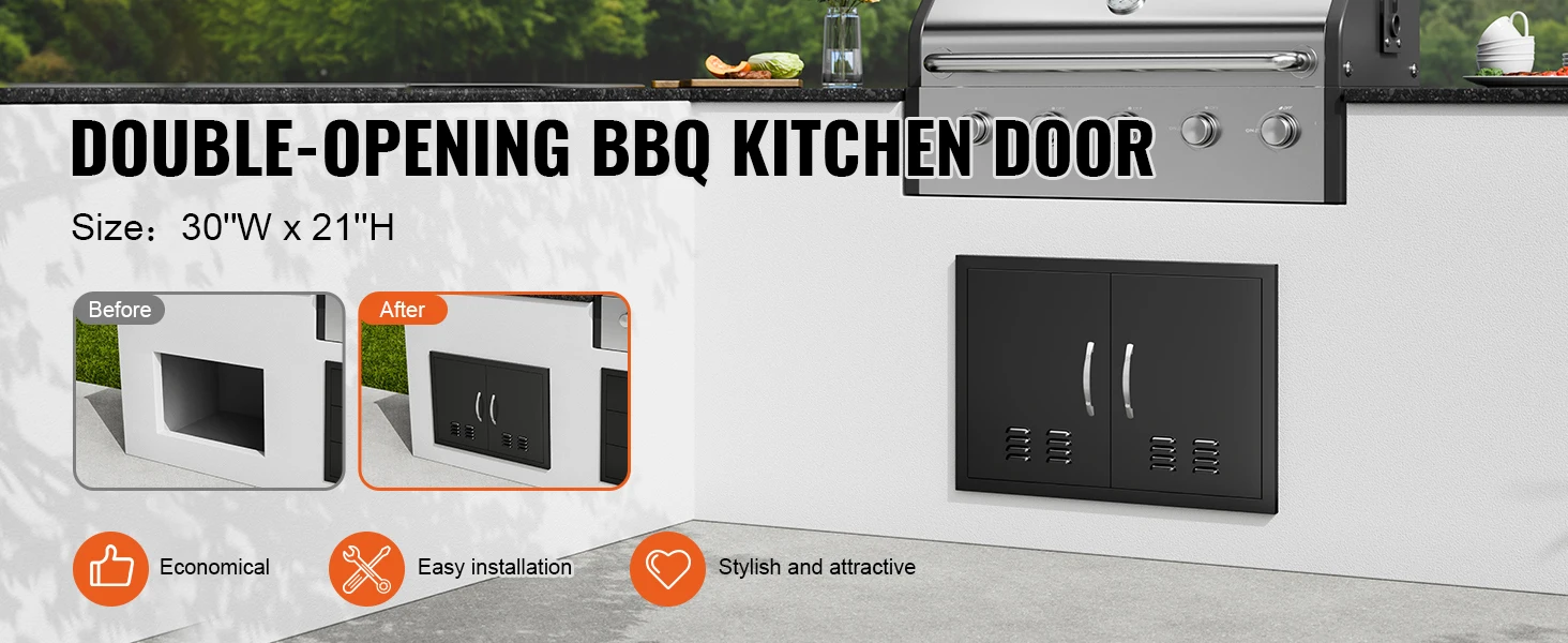 SucceBuy BBQ Access Door Double Outdoor Kitchen Door Wall Vertical Door with Handles and Ventss for BBQ Island Grilling Station