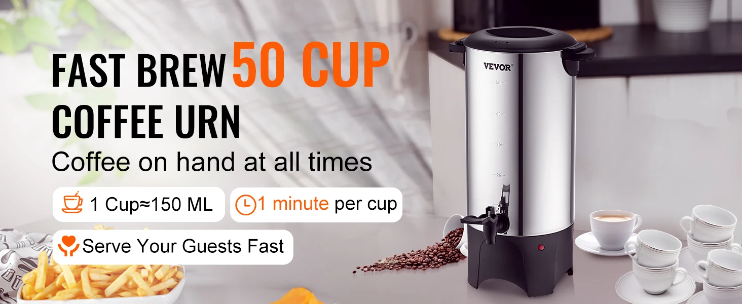 SucceBuy 50 Cups Commercial Coffee Urn Stainless Steel Large Coffee Dispenser 1000W Electric Coffee Maker Urn For Quick Brewing