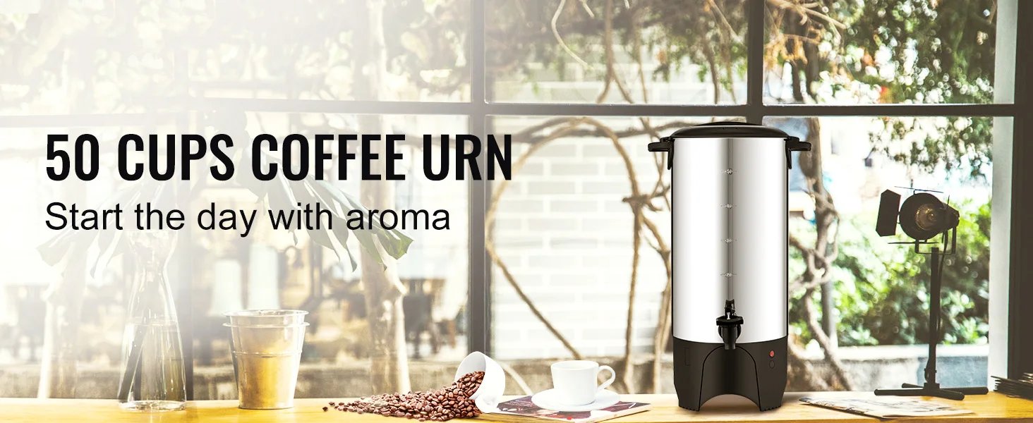 SucceBuy 50 Cups Commercial Coffee Urn Stainless Steel Large Coffee Dispenser 1000W Electric Coffee Maker Urn For Quick Brewing