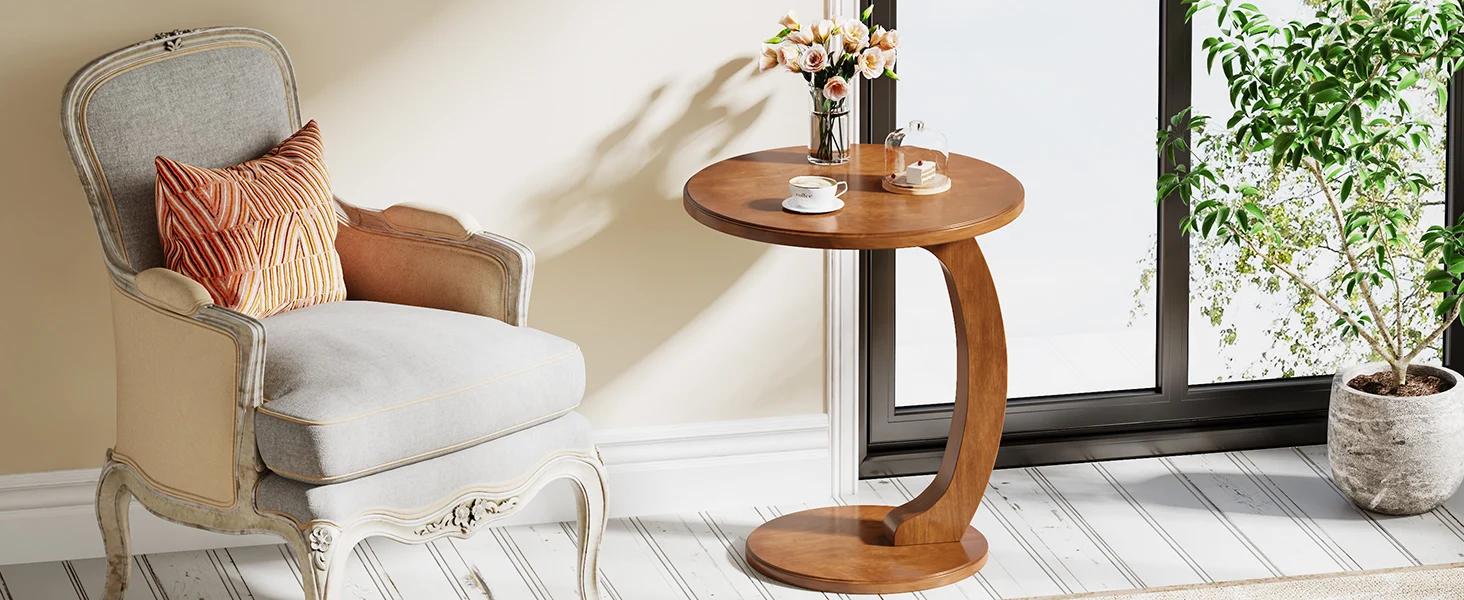 Round End/Side Table, Wooden C-Shaped End Table, Mid-Century End Table, Boho Side Table for Living Room & Bedroom
