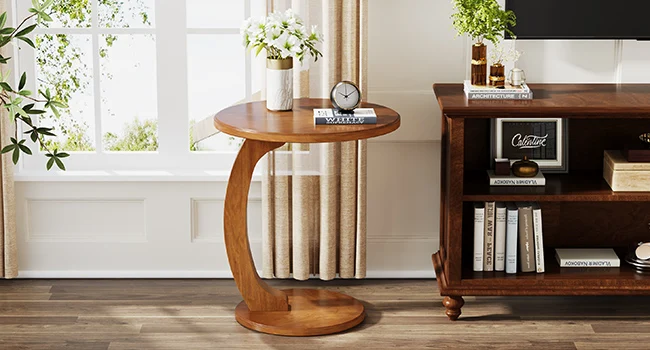 Round End/Side Table, Wooden C-Shaped End Table, Mid-Century End Table, Boho Side Table for Living Room & Bedroom