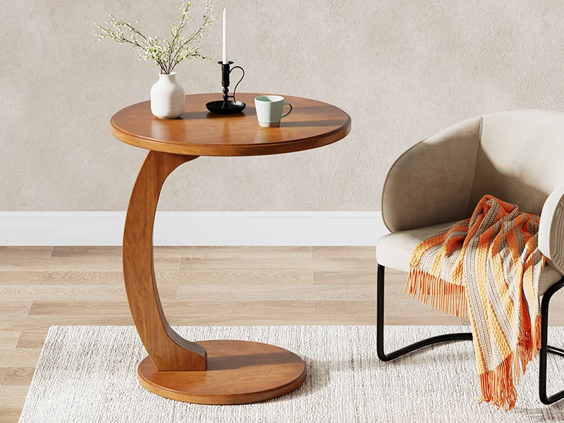 Round End/Side Table, Wooden C-Shaped End Table, Mid-Century End Table, Boho Side Table for Living Room & Bedroom