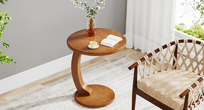 Round End/Side Table, Wooden C-Shaped End Table, Mid-Century End Table, Boho Side Table for Living Room & Bedroom