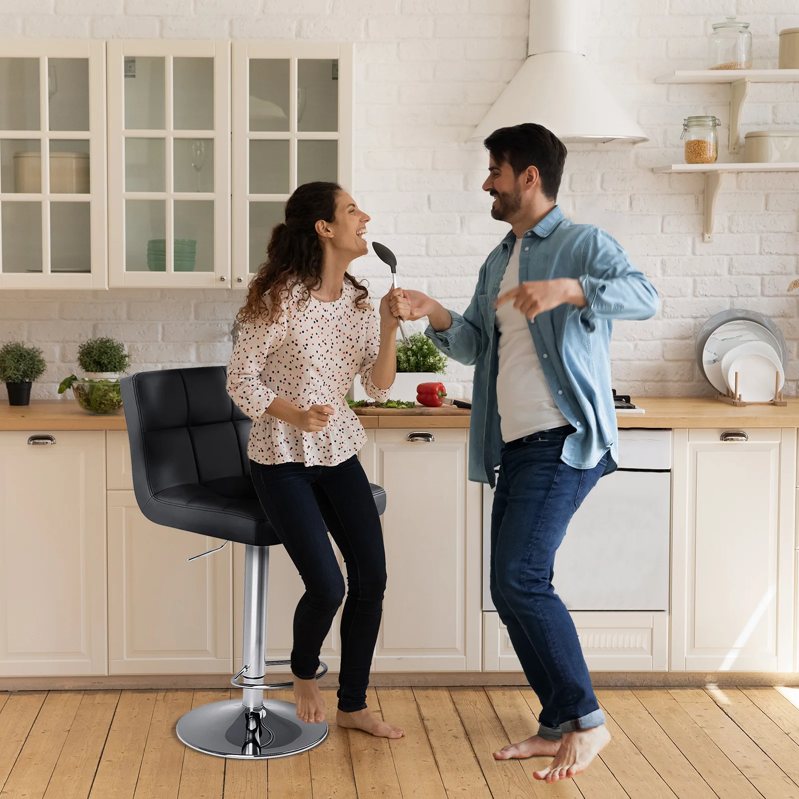 JHK PU Leather Bar Stools Set of 2,Upholstered Counter Height Bar Stools,SGS Certified Gas Gylinder Comfortbale Backrest