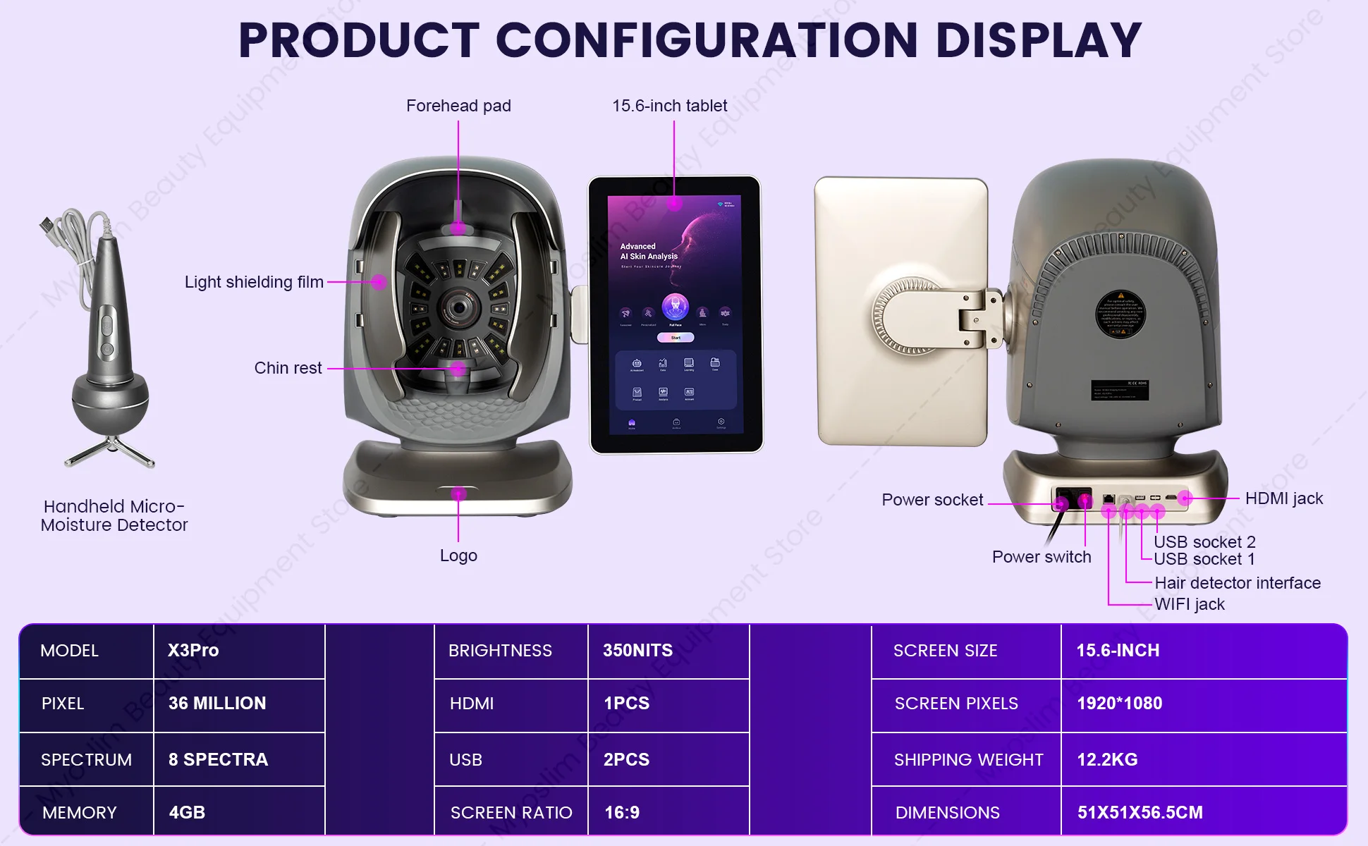 X3 Prro Skin Analyzer Machine 15.6 Inch 3D Facial AI Skin Care Scanner Hair Analysis 8 Light Spectrum for Business Beauty Care