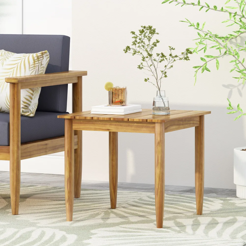 Rustic Acacia Wood Side Table with Slat Top, Weather Resistant Outdoor Accent End Table