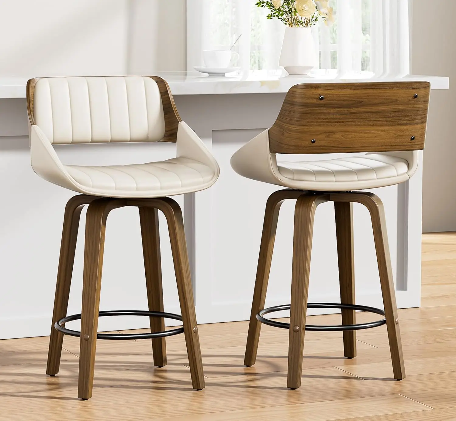 Set of 2 Mid-Century Modern 26 Inch Swivel Bar Stools, Counter Height Stools with Bentwood Back & Legs, Customized