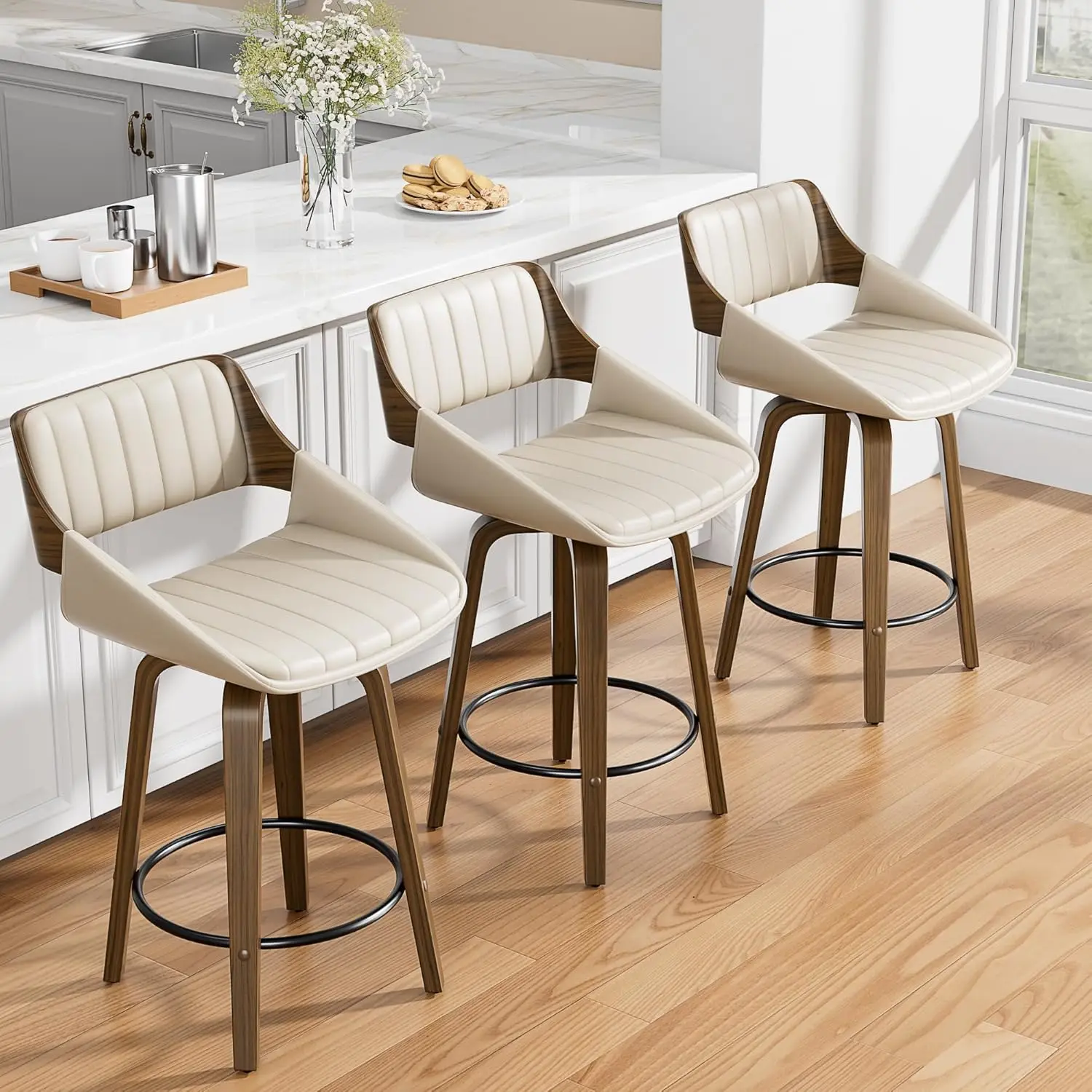Set of 2 Mid-Century Modern 26 Inch Swivel Bar Stools, Counter Height Stools with Bentwood Back & Legs, Customized