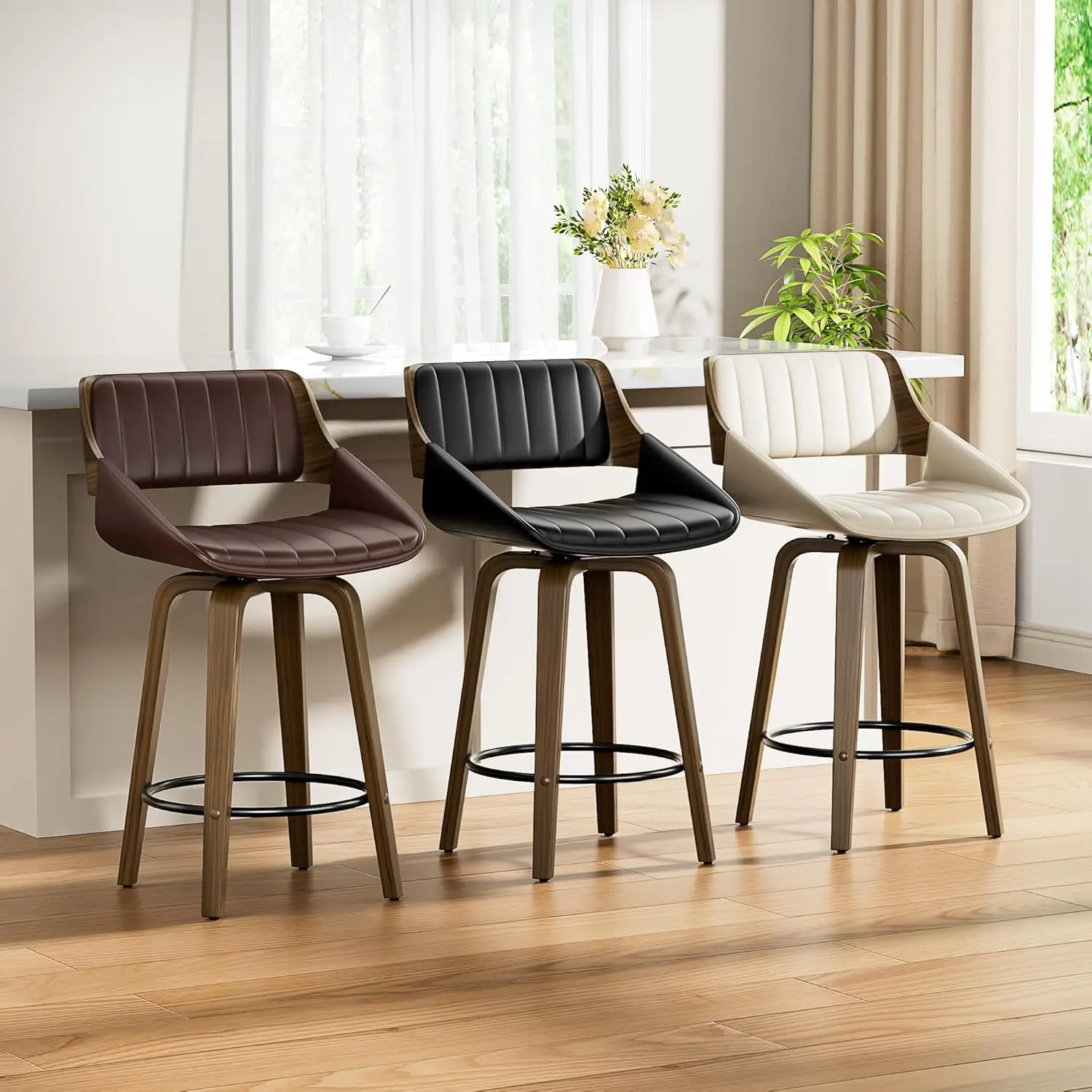 Set of 2 Mid-Century Modern 26 Inch Swivel Bar Stools, Counter Height Stools with Bentwood Back & Legs, Customized