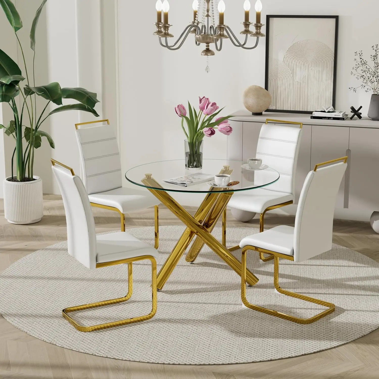 Modern Dining Chairs Set of 4, PU Faux Leather High Back Upholstered Dining Room Side Chair with Horizontal Stripe, Customized