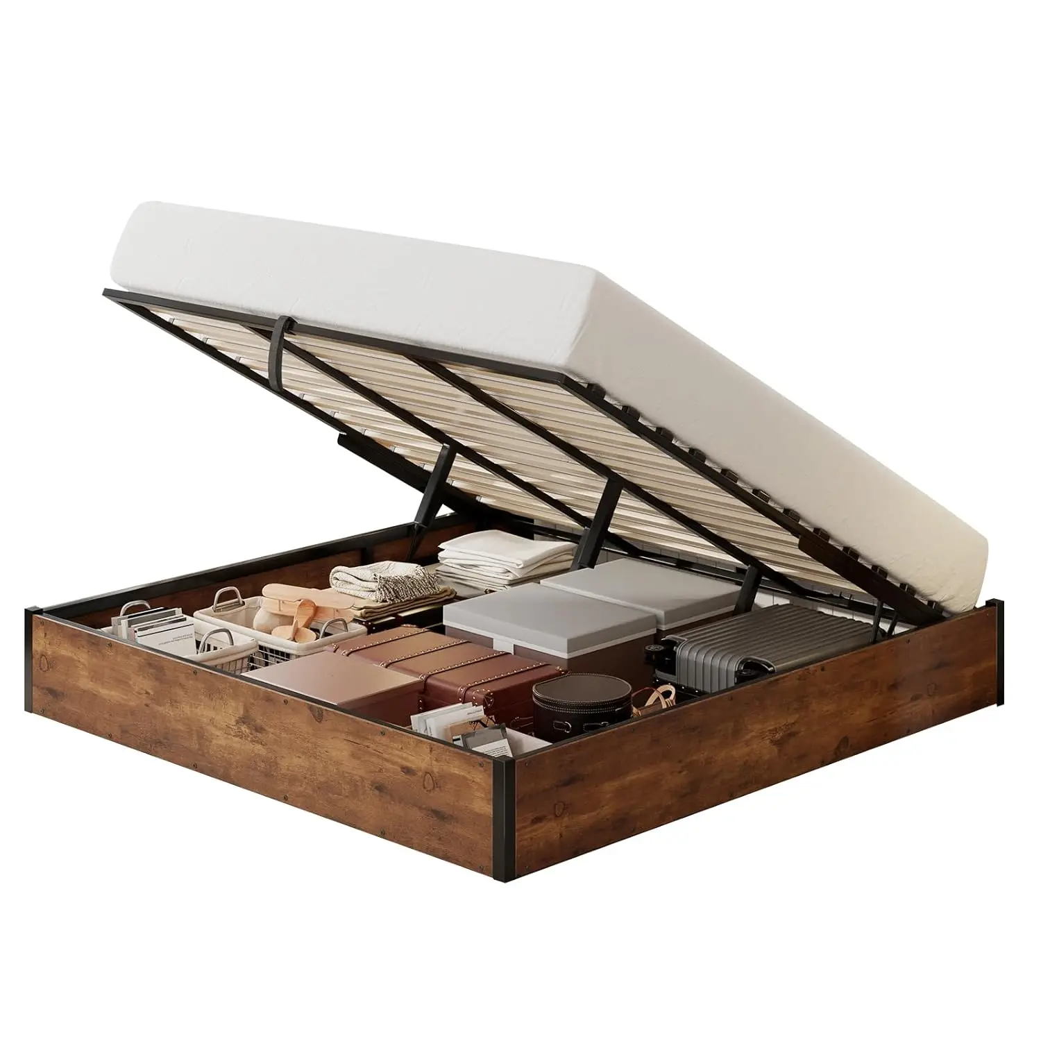 King Lift Up Storage Bed Frame Wooden Slats Platform Underneath Space No Box Spring Quiet Rustic Brown, Customized