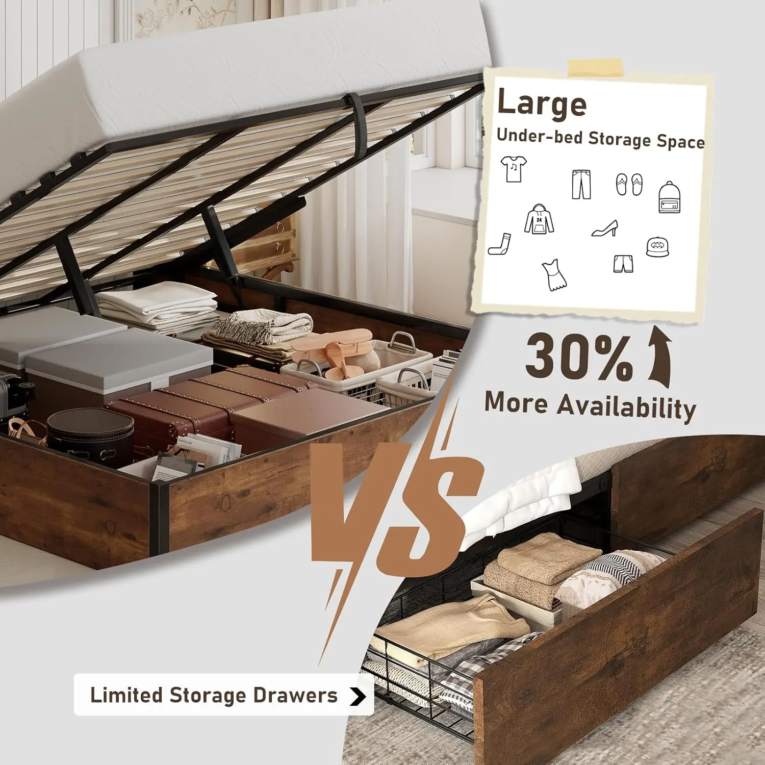 King Lift Up Storage Bed Frame Wooden Slats Platform Underneath Space No Box Spring Quiet Rustic Brown, Customized