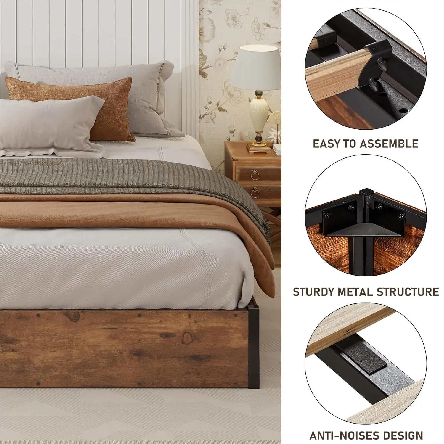 King Lift Up Storage Bed Frame Wooden Slats Platform Underneath Space No Box Spring Quiet Rustic Brown, Customized