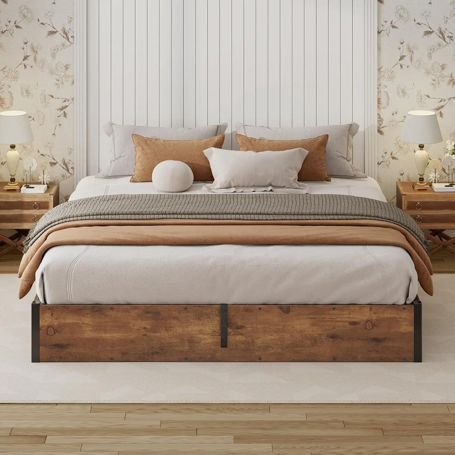 King Lift Up Storage Bed Frame Wooden Slats Platform Underneath Space No Box Spring Quiet Rustic Brown, Customized