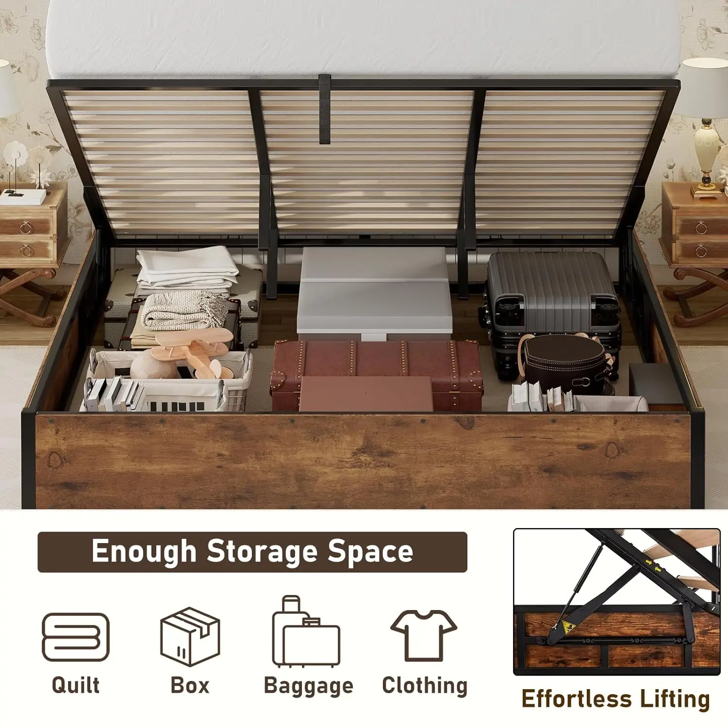 King Lift Up Storage Bed Frame Wooden Slats Platform Underneath Space No Box Spring Quiet Rustic Brown, Customized