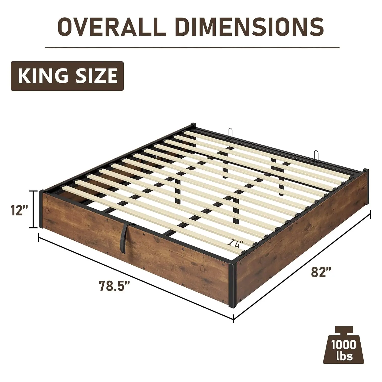 King Lift Up Storage Bed Frame Wooden Slats Platform Underneath Space No Box Spring Quiet Rustic Brown, Customized
