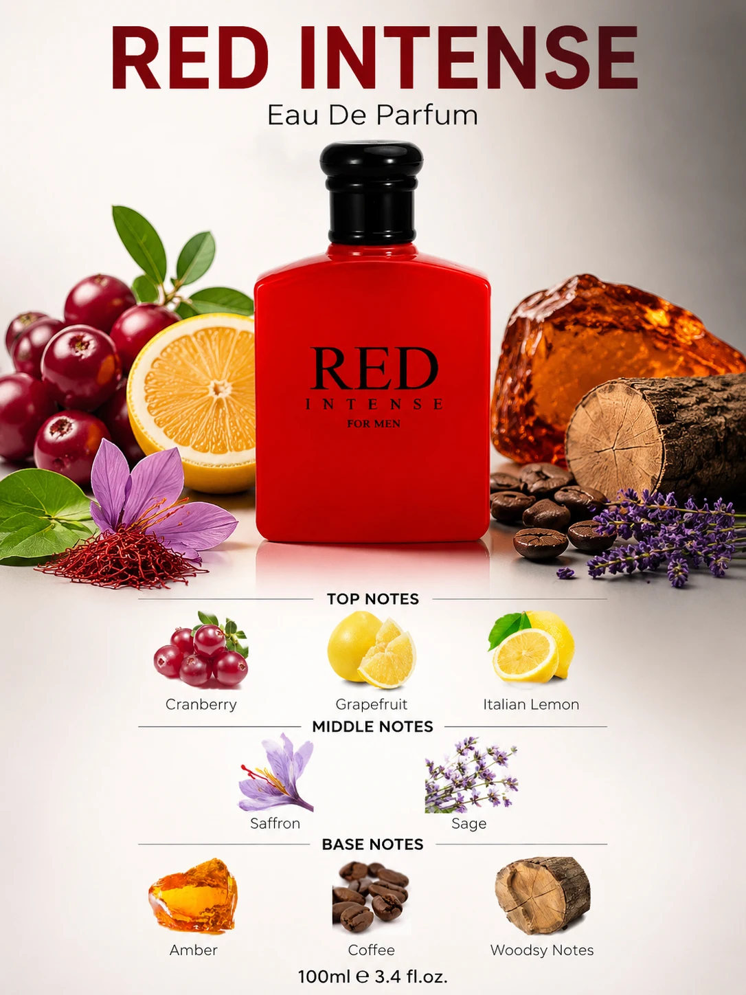 3.4fl Oz Red Intense Eau De Toilette for Men, Fruity Note, Cranberry, Grapefruit & Italian Lemon | Perfect Holiday Gift