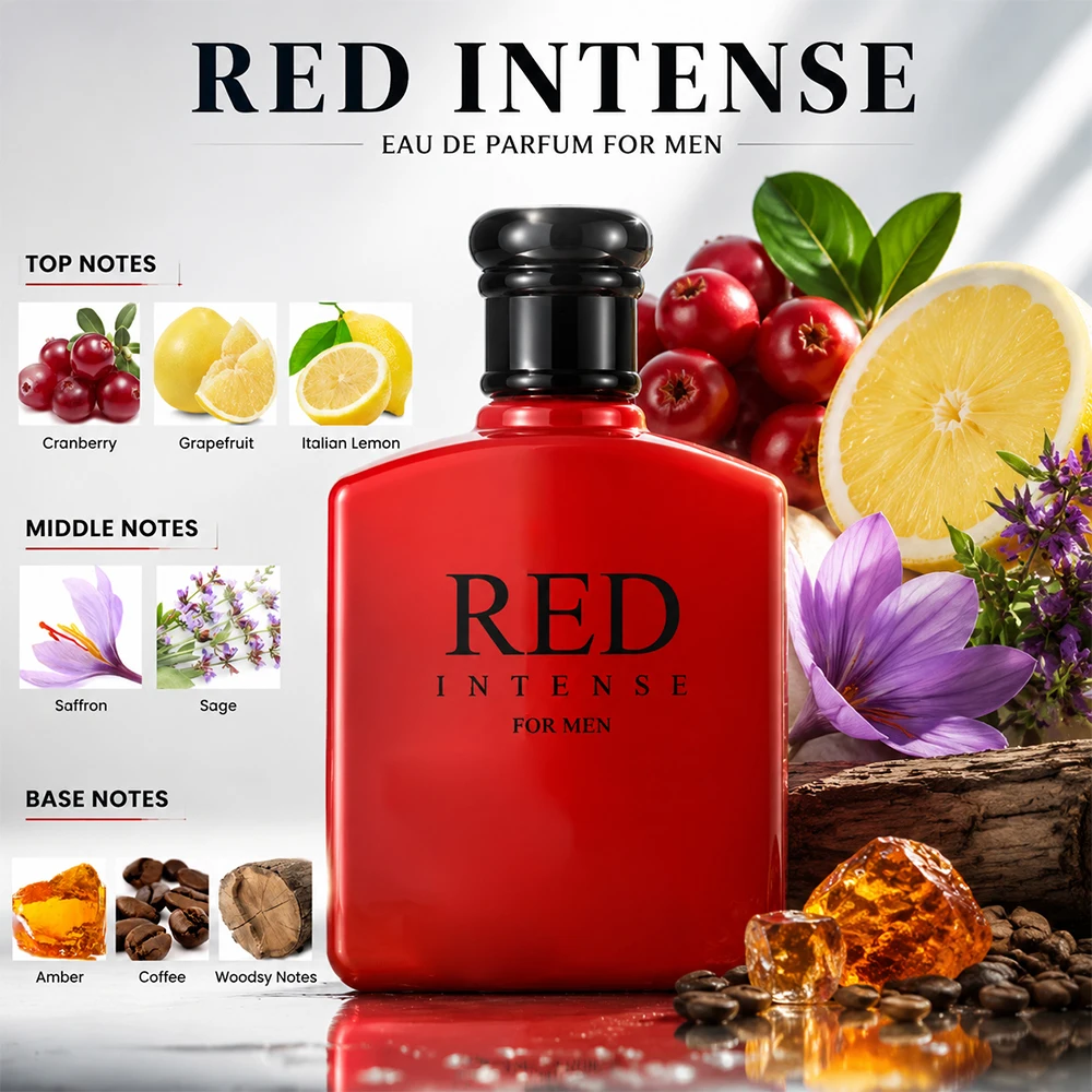 3.4fl Oz Red Intense Eau De Toilette for Men, Fruity Note, Cranberry, Grapefruit & Italian Lemon | Perfect Holiday Gift