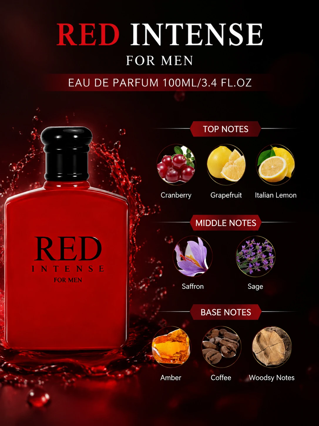 3.4fl Oz Red Intense Eau De Toilette for Men, Fruity Note, Cranberry, Grapefruit & Italian Lemon | Perfect Holiday Gift
