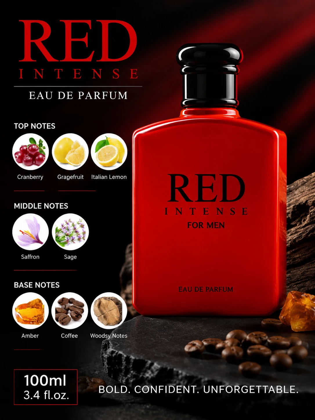3.4fl Oz Red Intense Eau De Toilette for Men, Fruity Note, Cranberry, Grapefruit & Italian Lemon | Perfect Holiday Gift