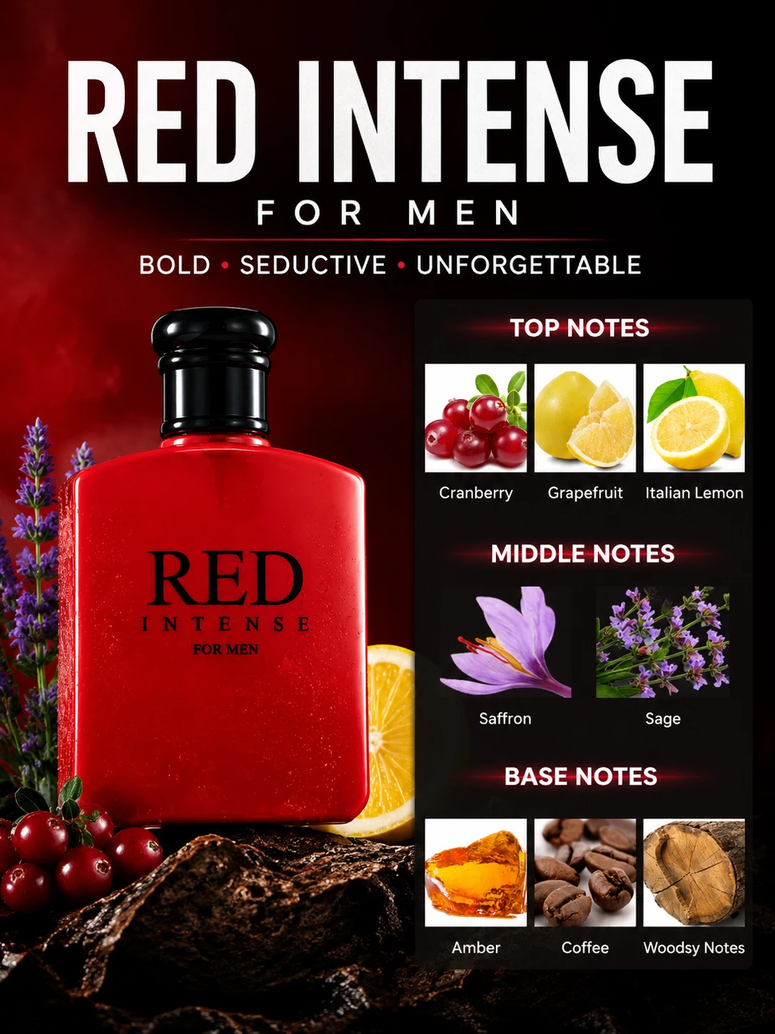 3.4fl Oz Red Intense Eau De Toilette for Men, Fruity Note, Cranberry, Grapefruit & Italian Lemon | Perfect Holiday Gift