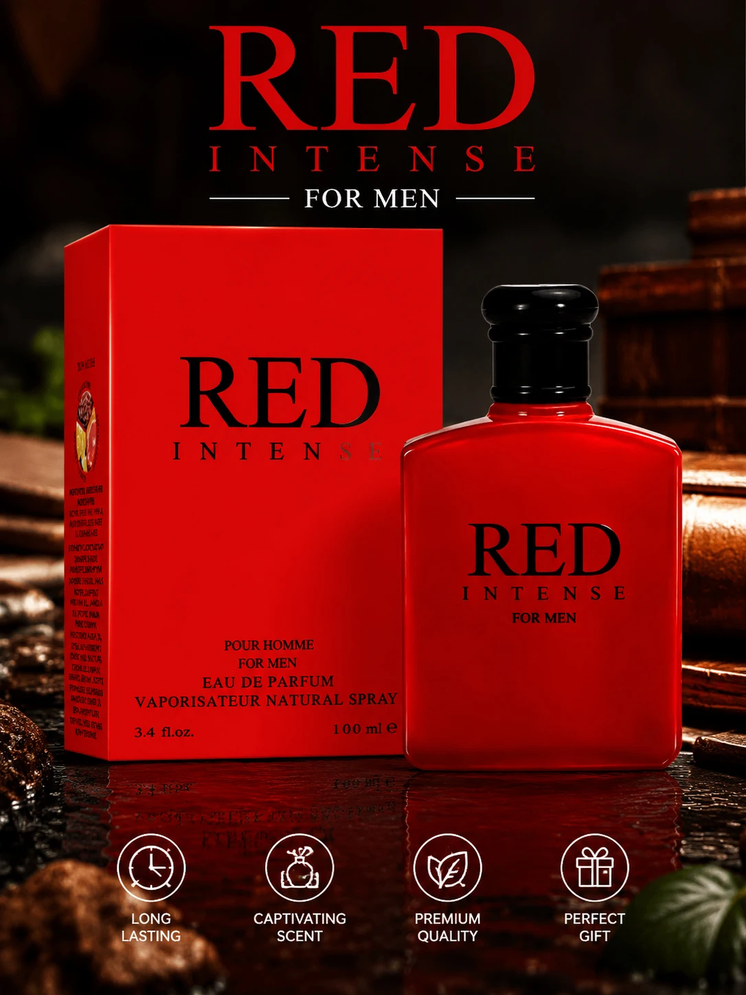 3.4fl Oz Red Intense Eau De Toilette for Men, Fruity Note, Cranberry, Grapefruit & Italian Lemon | Perfect Holiday Gift