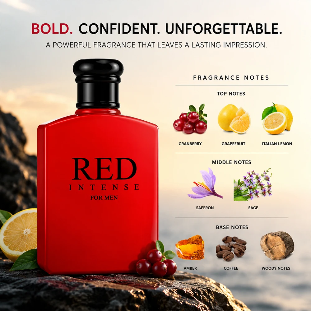 3.4fl Oz Red Intense Eau De Toilette for Men, Fruity Note, Cranberry, Grapefruit & Italian Lemon | Perfect Holiday Gift