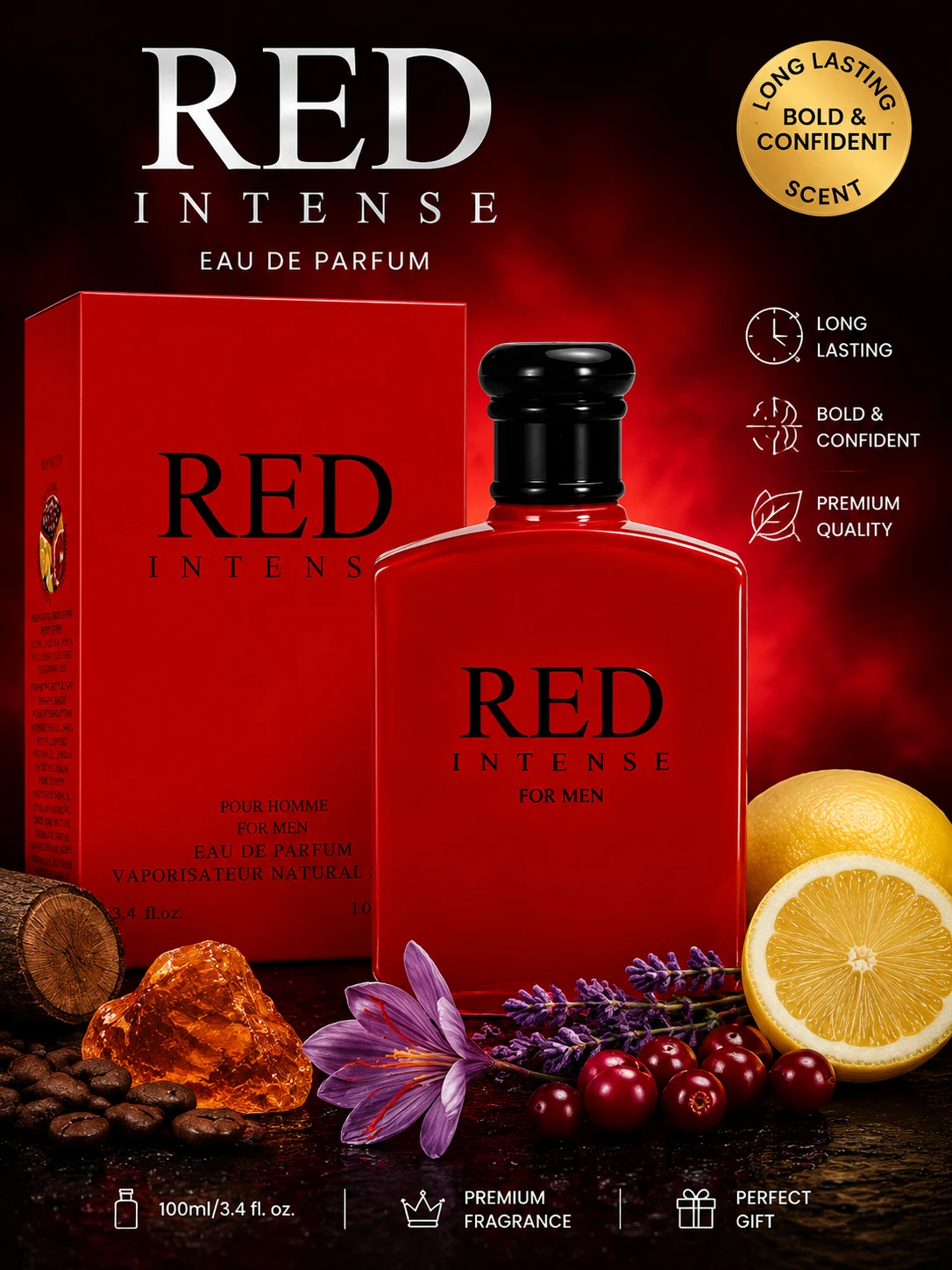 3.4fl Oz Red Intense Eau De Toilette for Men, Fruity Note, Cranberry, Grapefruit & Italian Lemon | Perfect Holiday Gift