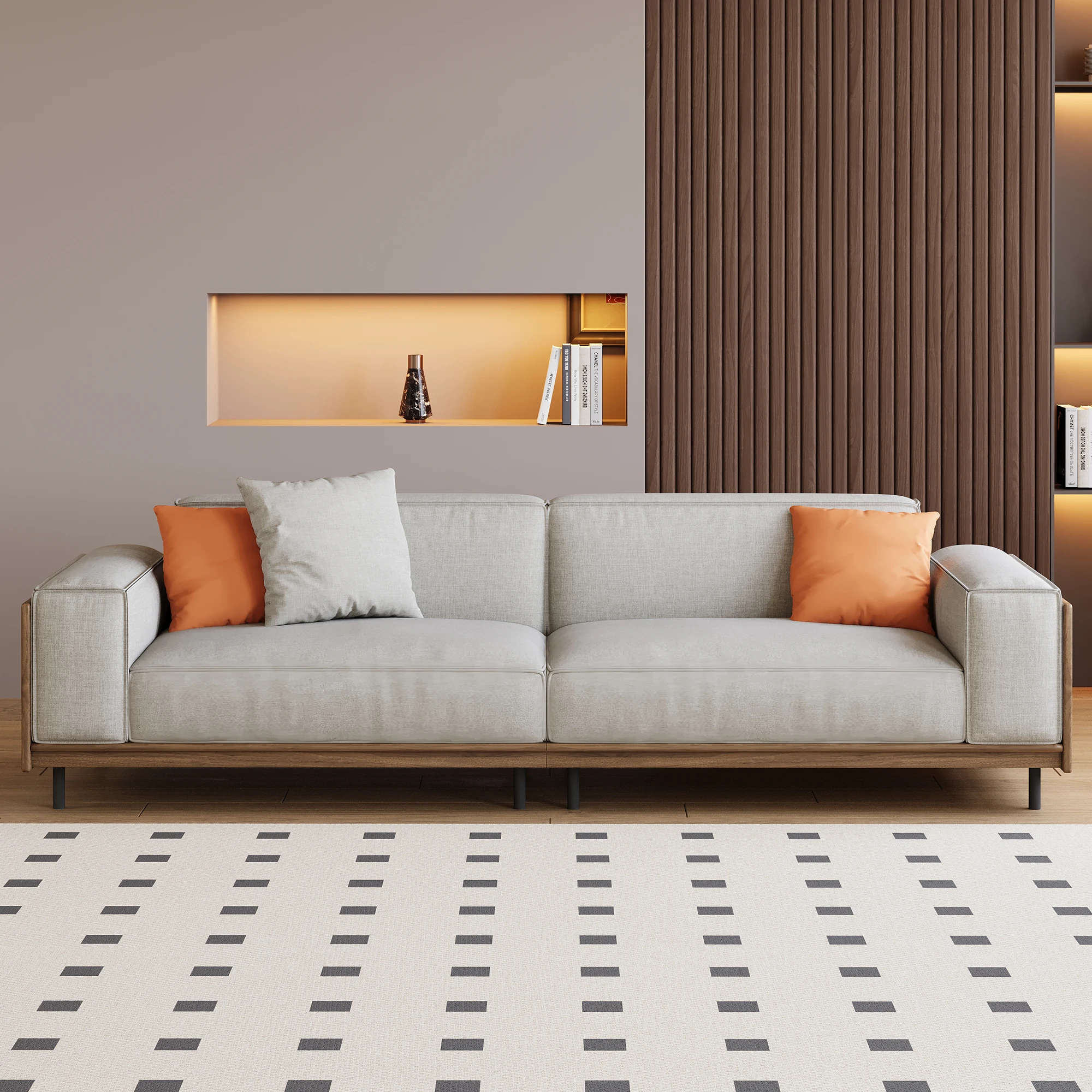 Modern medieval-style 82.67-inch three-seater sofa set with a solid wood frame, high-density foam cushions, and sturdy metal leg