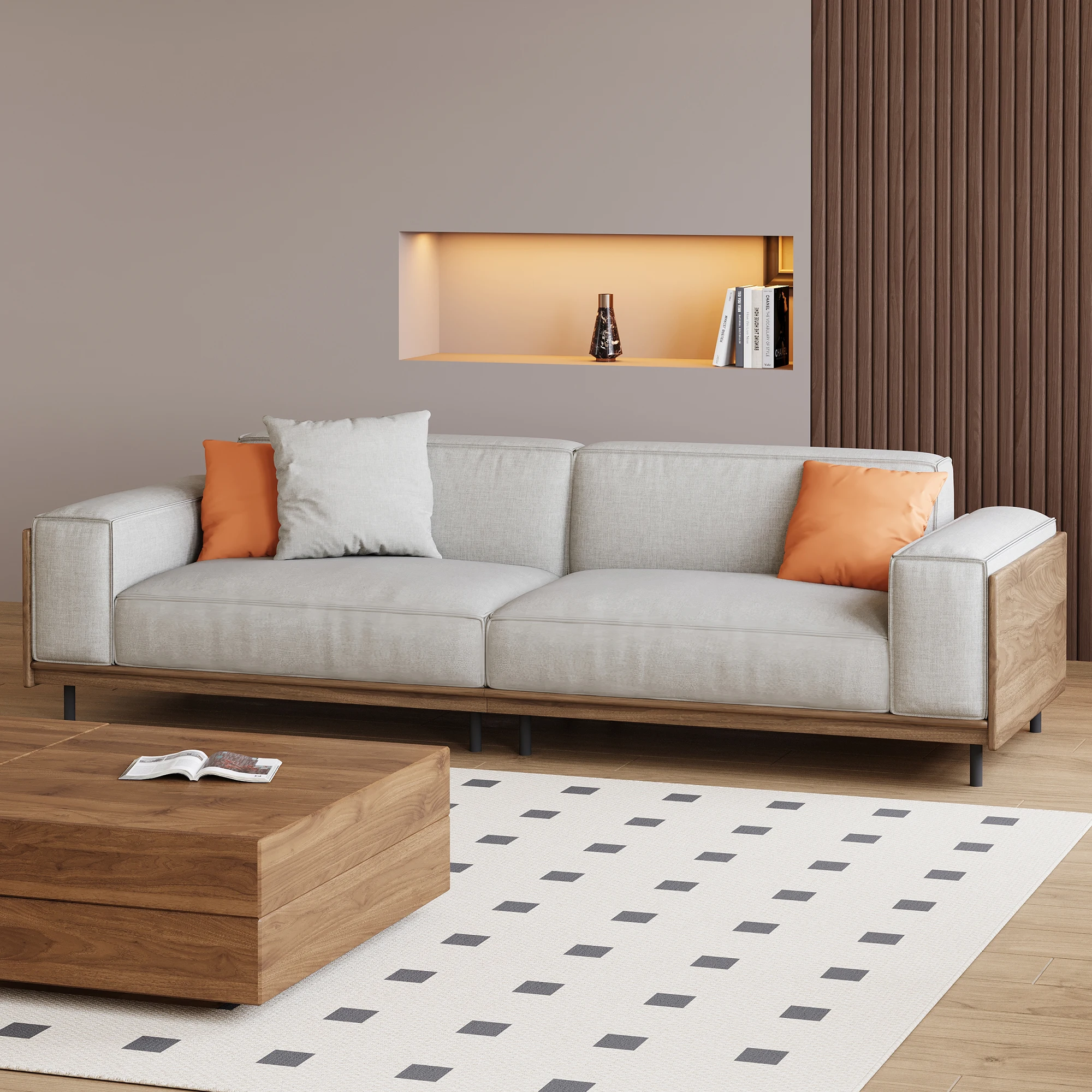 Modern medieval-style 82.67-inch three-seater sofa set with a solid wood frame, high-density foam cushions, and sturdy metal leg