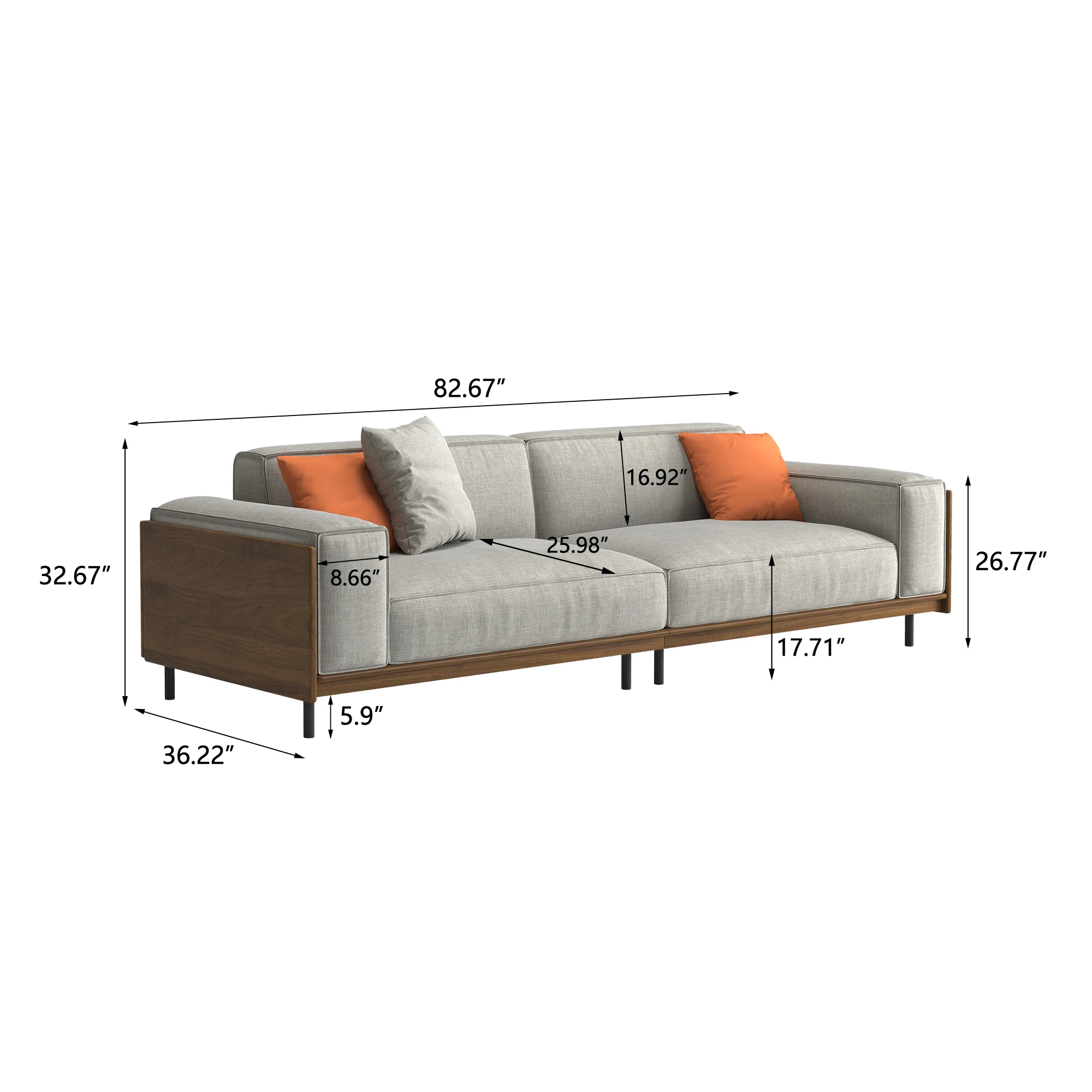 Modern medieval-style 82.67-inch three-seater sofa set with a solid wood frame, high-density foam cushions, and sturdy metal leg
