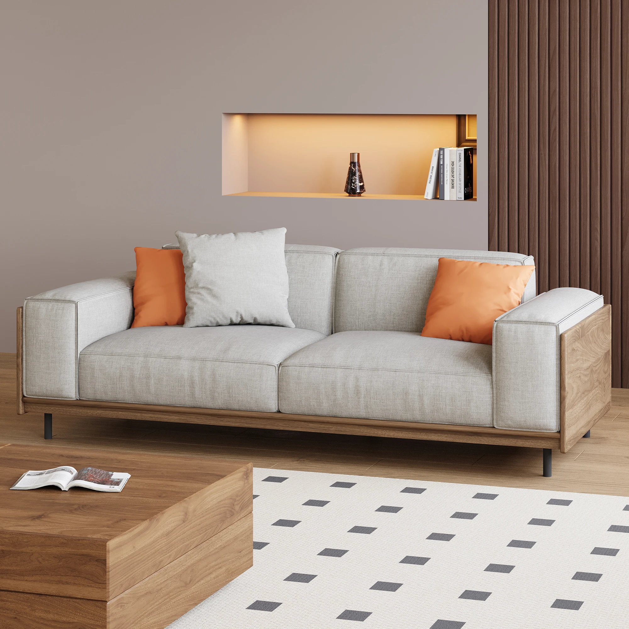 Modern medieval-style 82.67-inch three-seater sofa set with a solid wood frame, high-density foam cushions, and sturdy metal leg