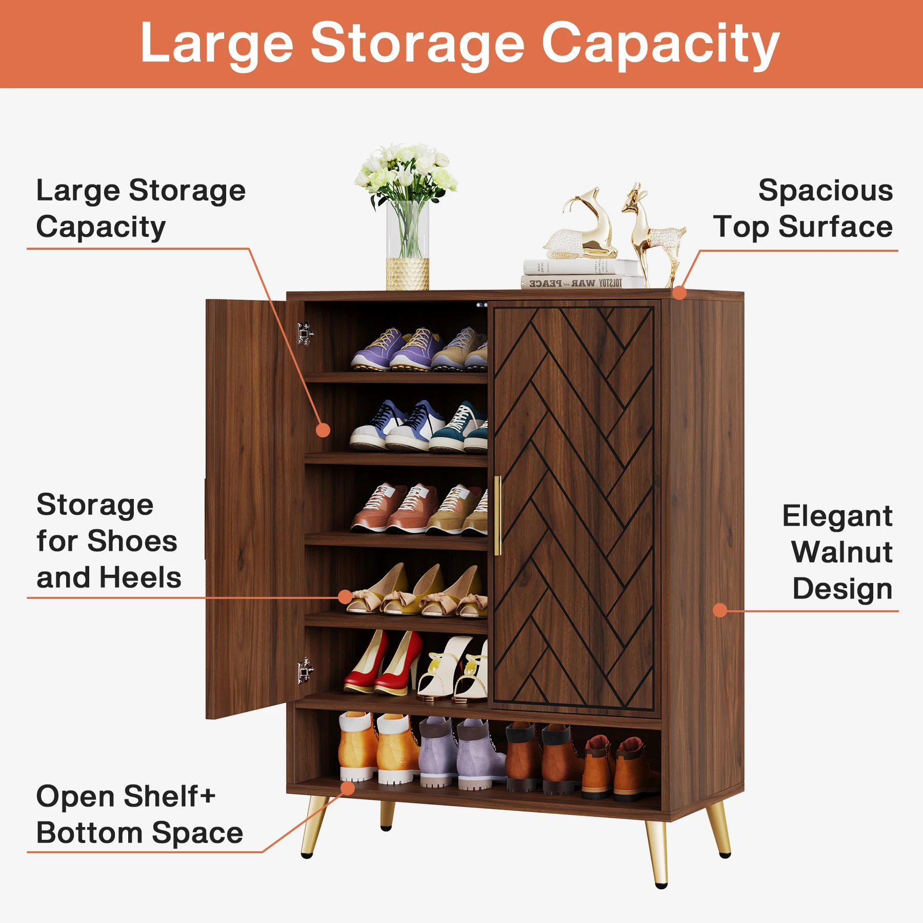 Tribesigns 6-Tier Shoe Cabinet with Doors, Walnut Wooden Shoe Storage Cabinet with Adjustable Shelves for Entryway