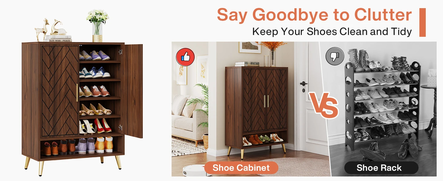 Tribesigns 6-Tier Shoe Cabinet with Doors, Walnut Wooden Shoe Storage Cabinet with Adjustable Shelves for Entryway