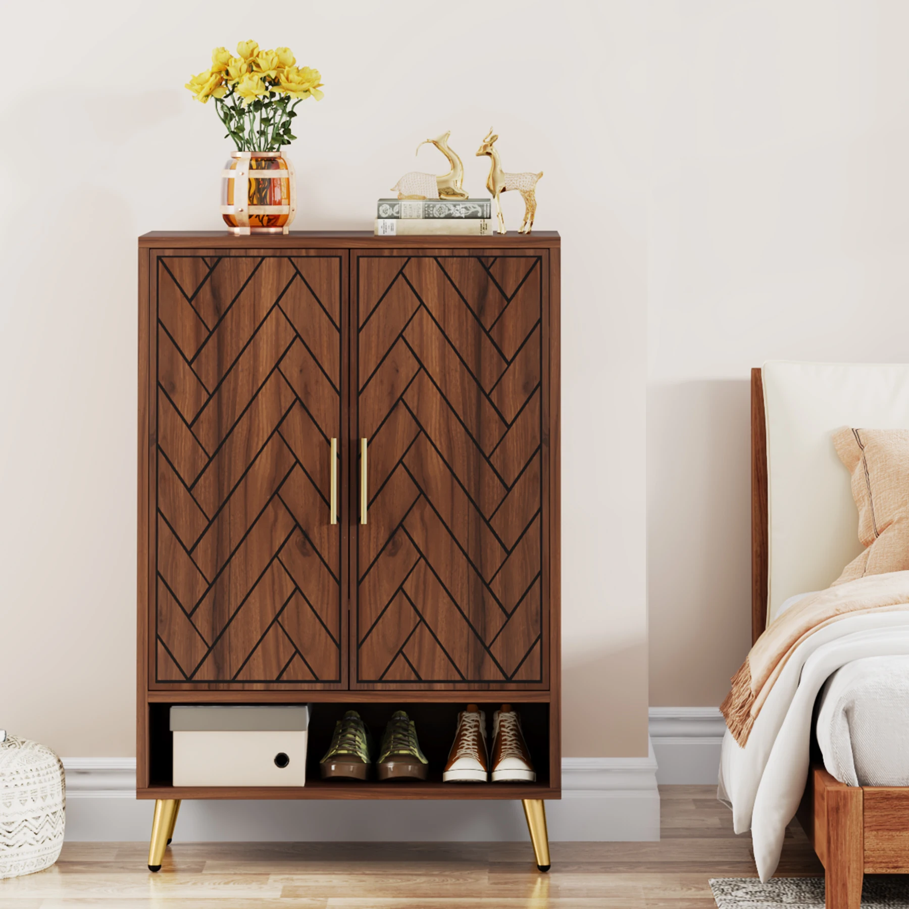 Tribesigns 6-Tier Shoe Cabinet with Doors, Walnut Wooden Shoe Storage Cabinet with Adjustable Shelves for Entryway