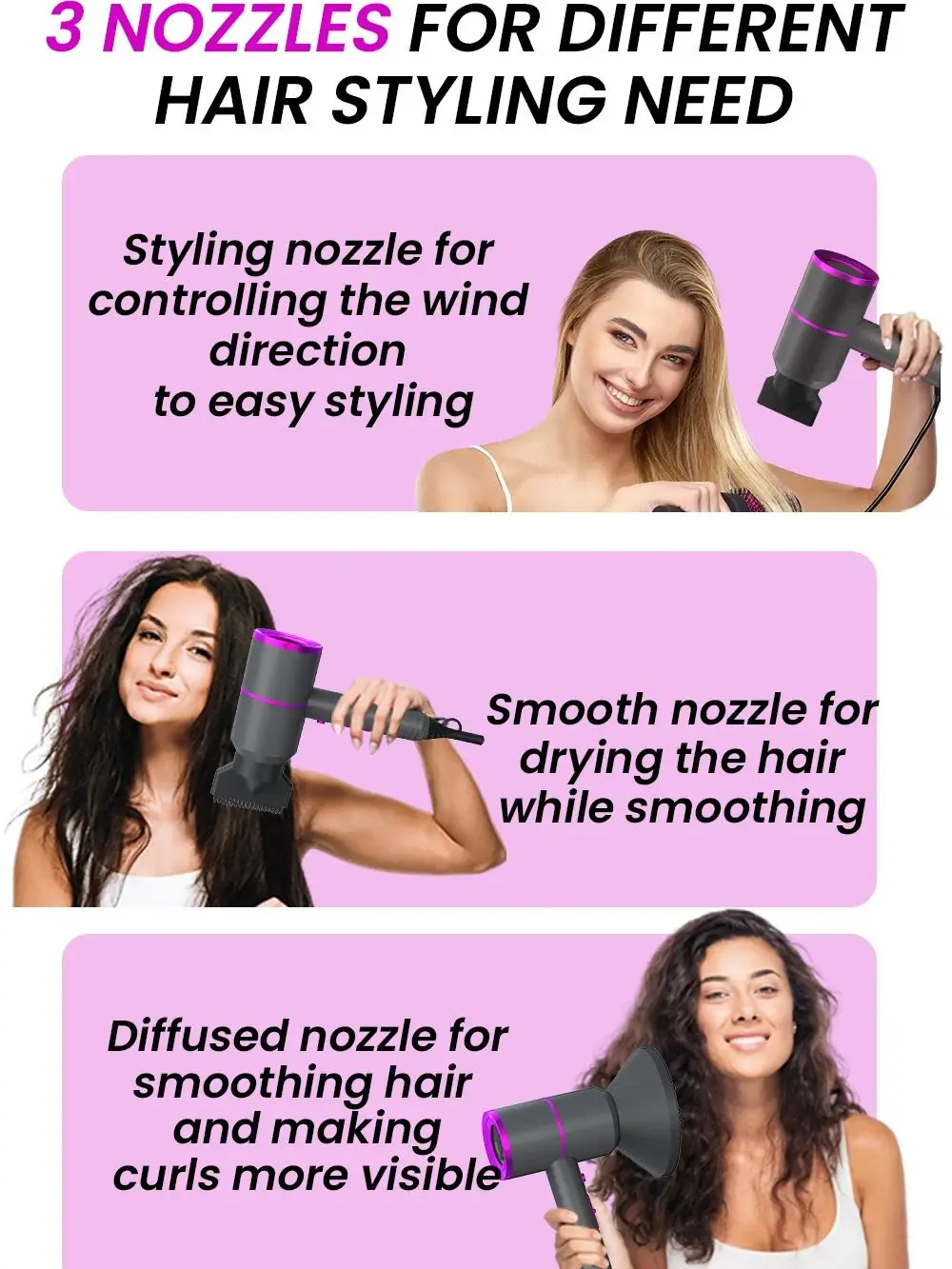 VoluVibe Professional Ionic Hair Dryer, Powerful Fast Drying Low Noise Blow Dryer with 2 Concentrator Nozzle 1 Diffuser Attachme