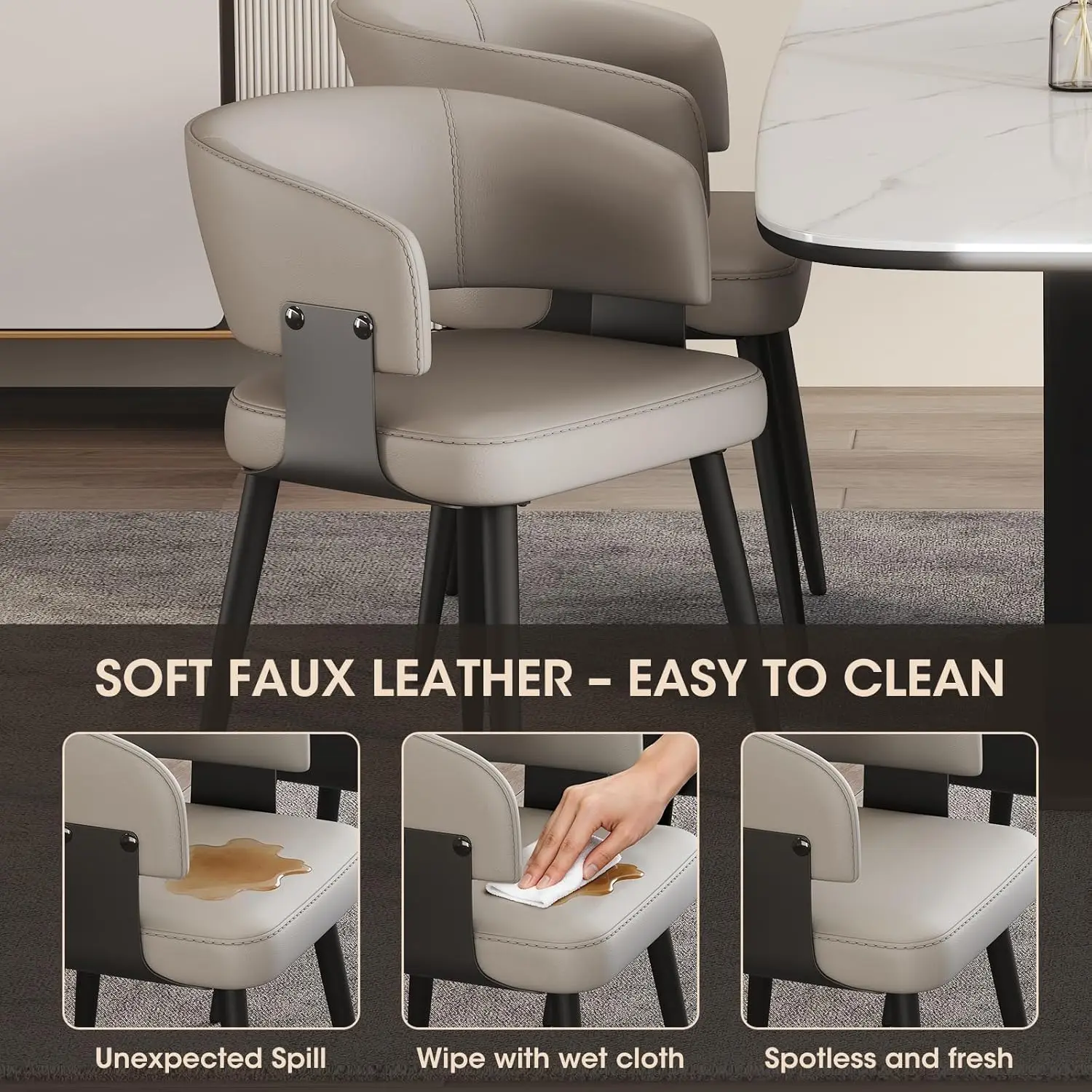 Modern Dining Chairs Set of 2, Upholstered Faux Leather Kitchen Side Chairs with Curved Open Back, Easy Assembly, Customized