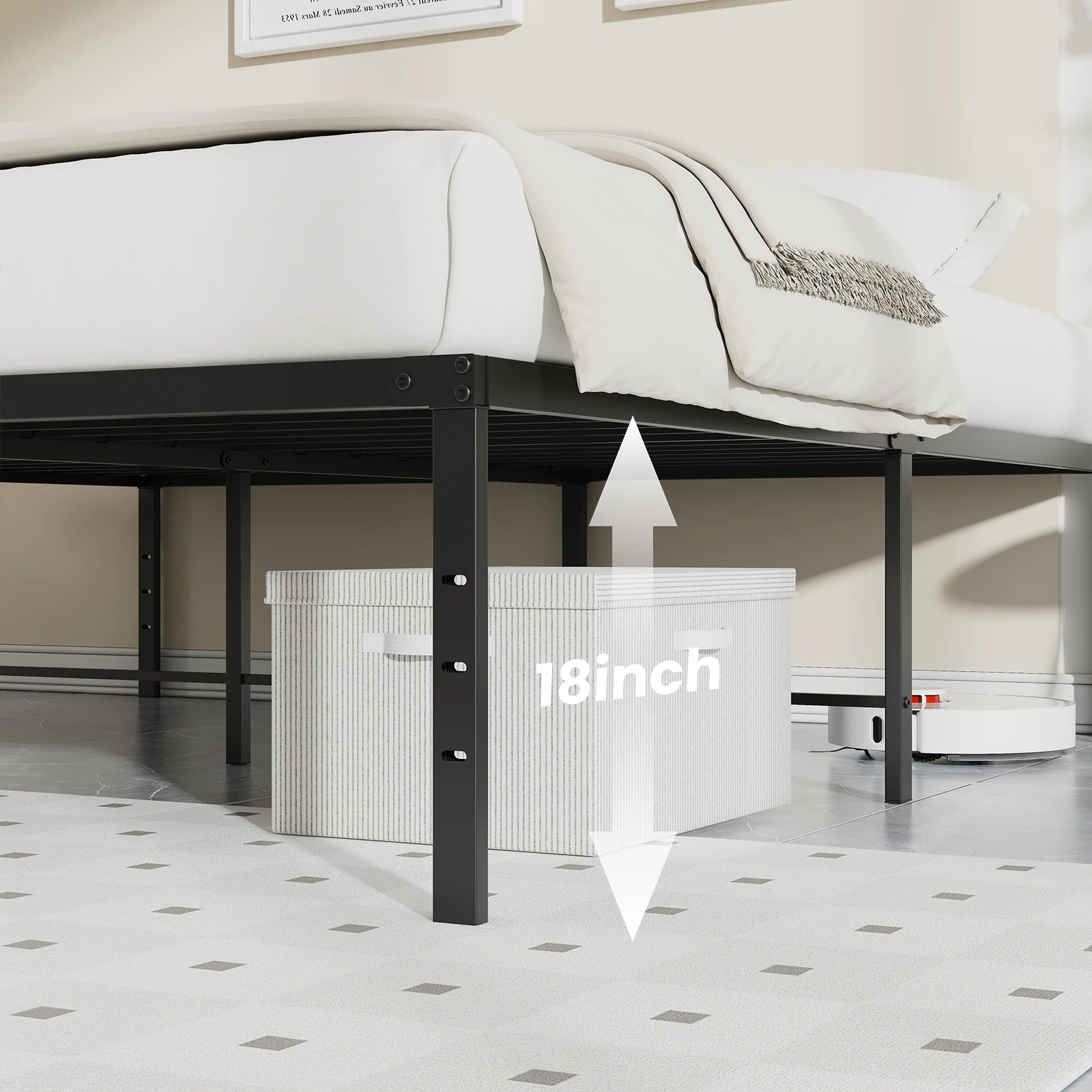 JHK 18IN Tall Basic Metal Platform Bed Frame Sturdy Steel Heavy Duty with Storage Space Bedroom Frames Slat Support For Home
