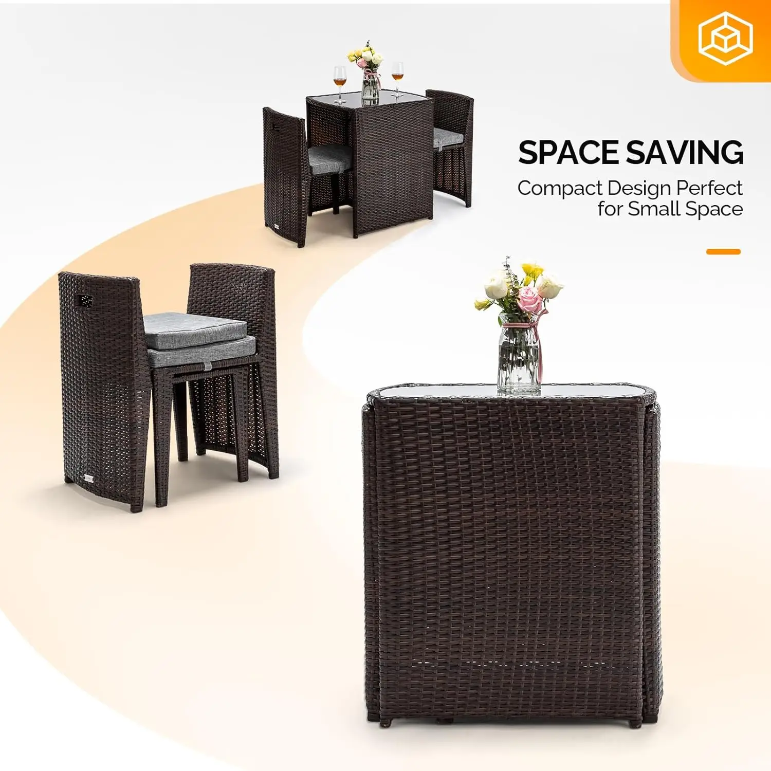 3 PCS Wicker Outdoor Patio Bistro Set, Patio Furniture Set for Small Space with Glass Top Table Dining Chairs,, Customized