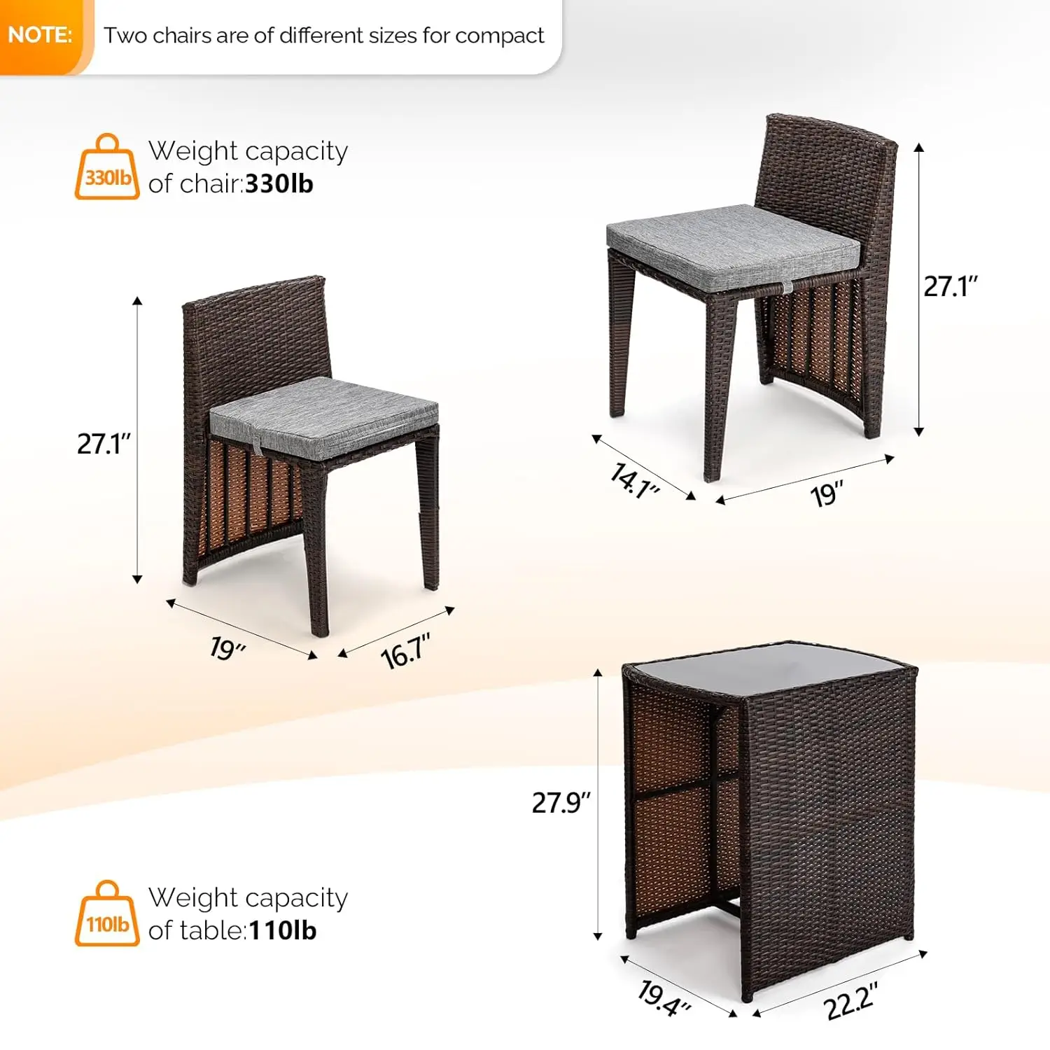 3 PCS Wicker Outdoor Patio Bistro Set, Patio Furniture Set for Small Space with Glass Top Table Dining Chairs,, Customized