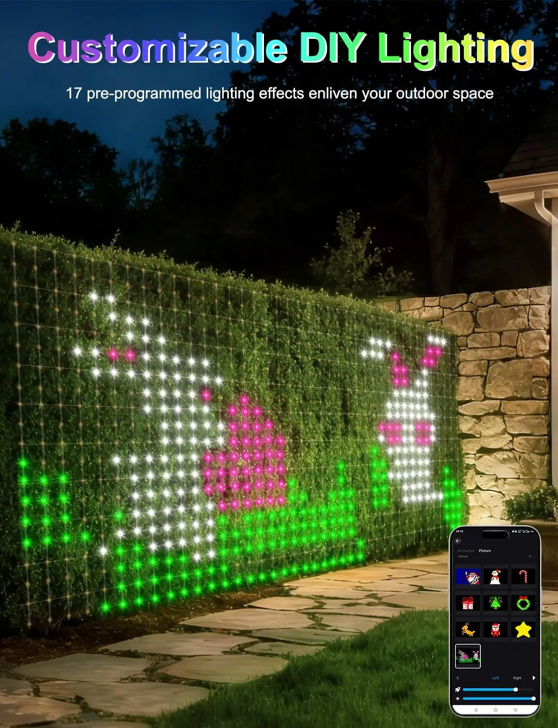 Smart Net Lights Outdoor, RGB&IC Lights with App/Remote Control, DIY Modes, Waterproof Mesh Light for Patio Bush Decor