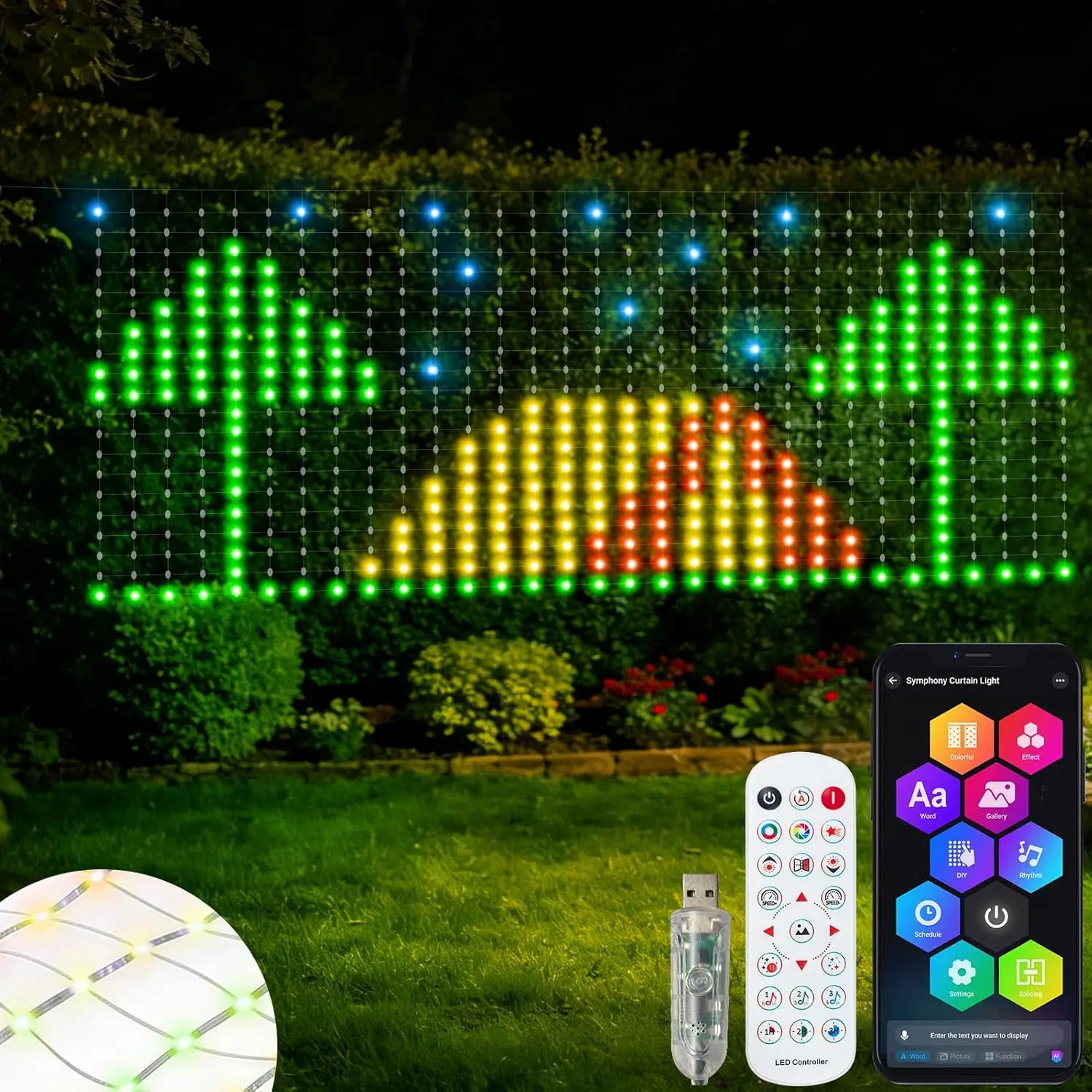 Smart Net Lights Outdoor, RGB&IC Lights with App/Remote Control, DIY Modes, Waterproof Mesh Light for Patio Bush Decor