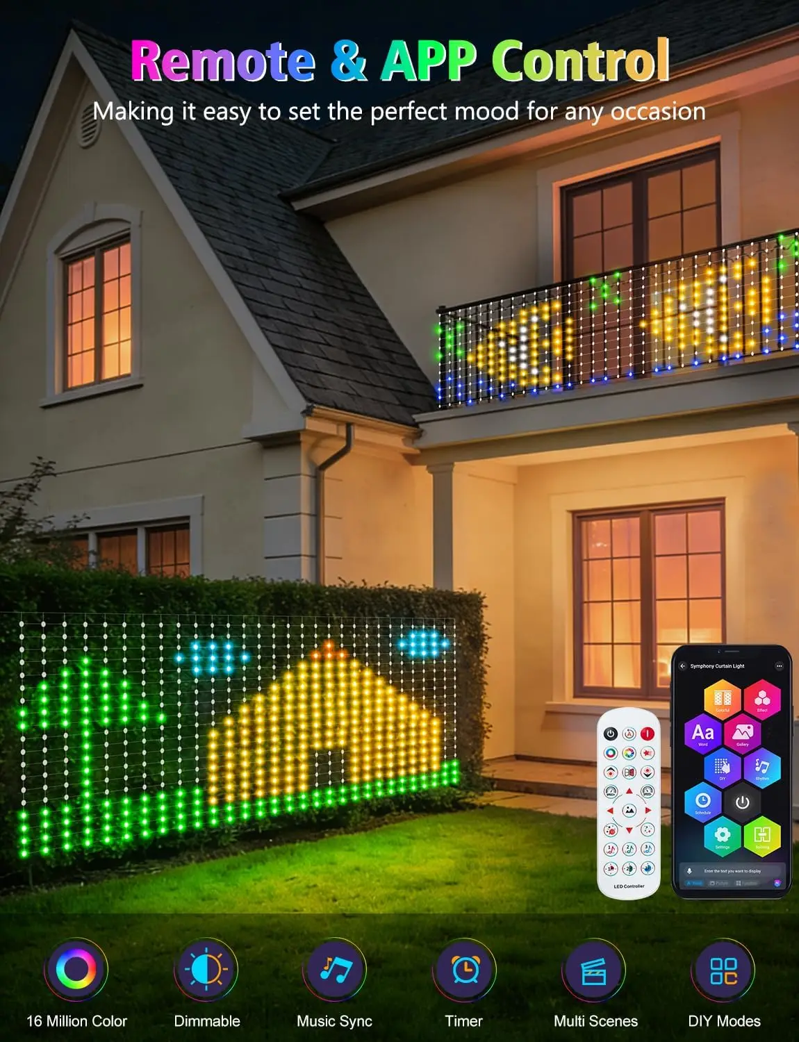 Smart Net Lights Outdoor, RGB&IC Lights with App/Remote Control, DIY Modes, Waterproof Mesh Light for Patio Bush Decor