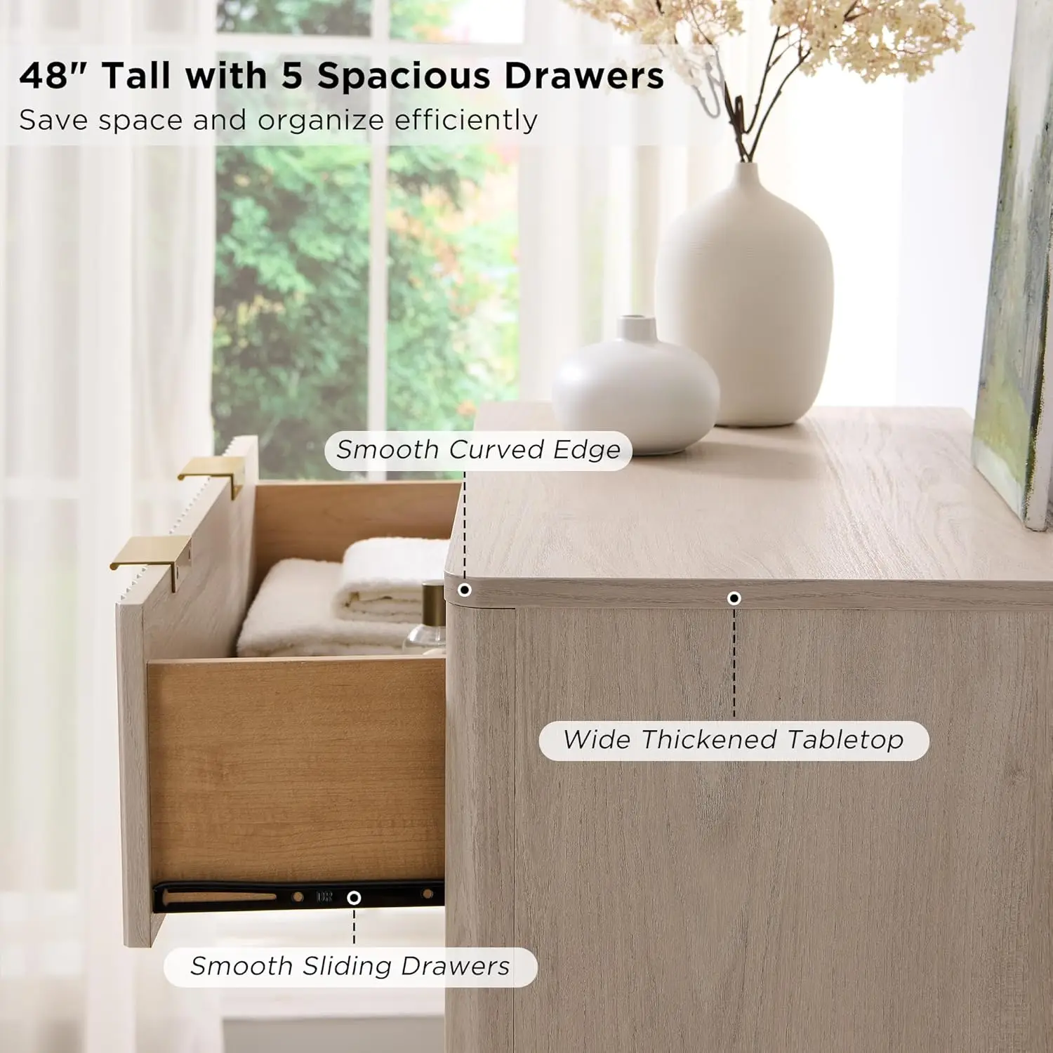 Fluted 5 Drawers Dresser, 48" Tall Modern Chest of Drawers, Curved Profile Design, Wood Drawer Organizer, Customized