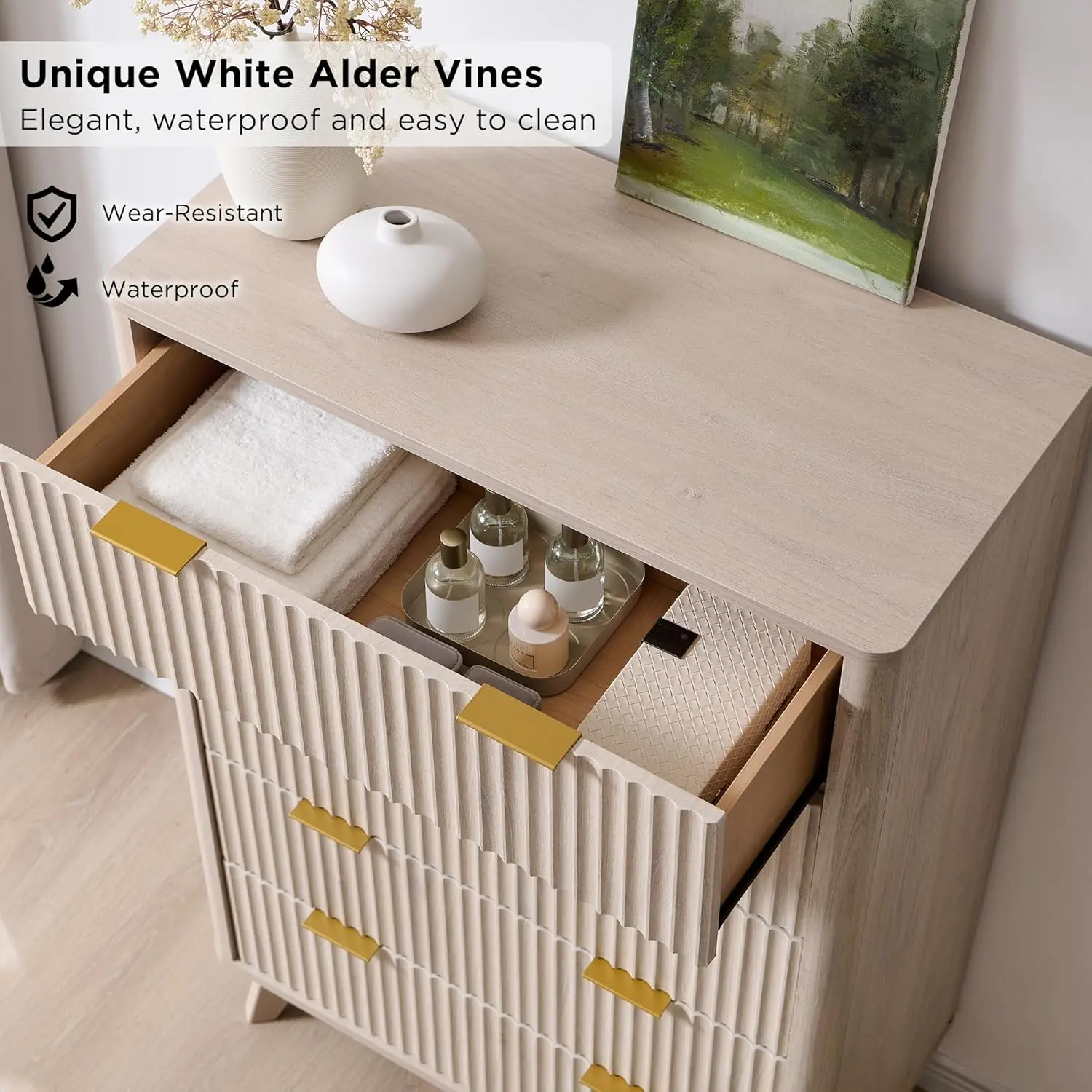 Fluted 5 Drawers Dresser, 48" Tall Modern Chest of Drawers, Curved Profile Design, Wood Drawer Organizer, Customized