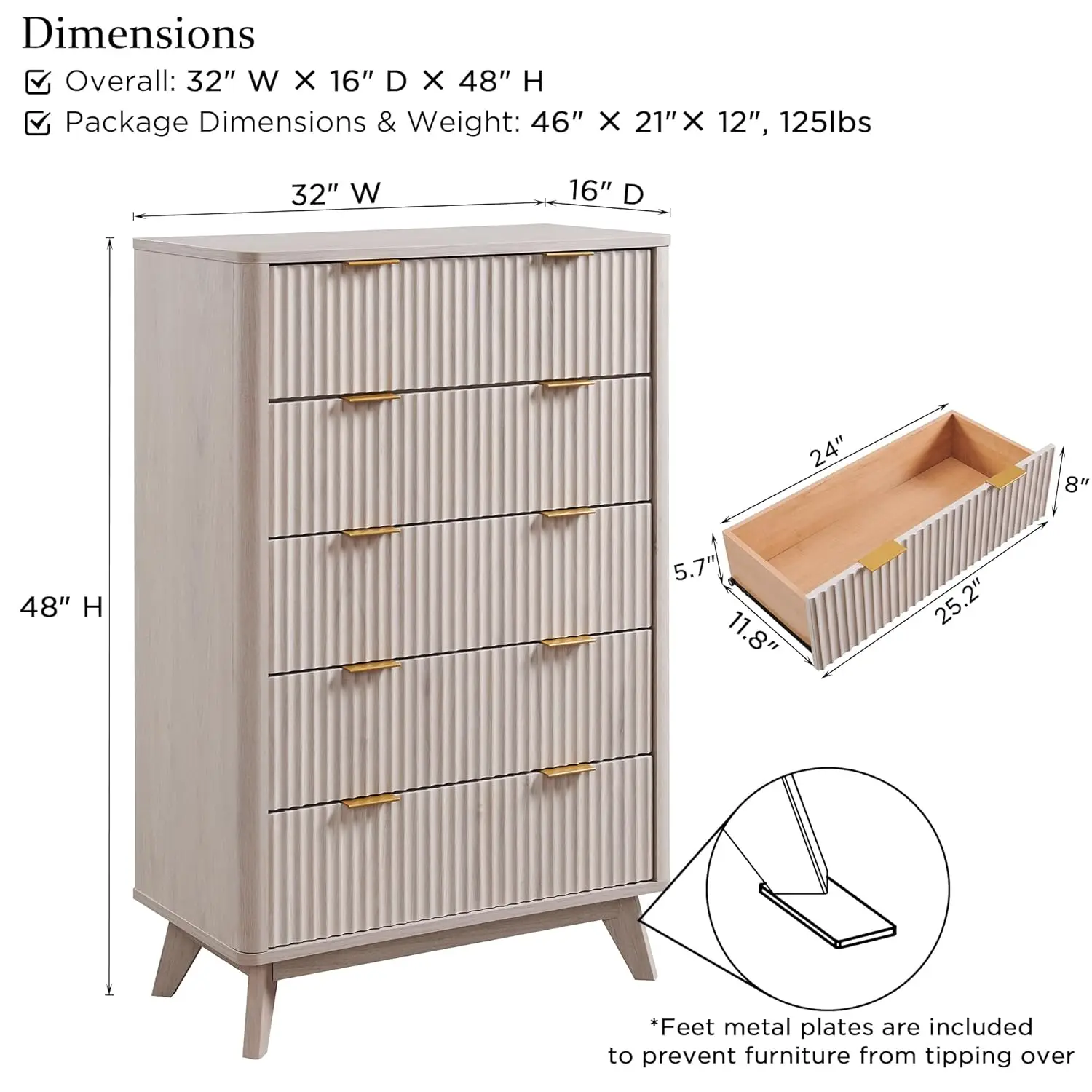 Fluted 5 Drawers Dresser, 48" Tall Modern Chest of Drawers, Curved Profile Design, Wood Drawer Organizer, Customized