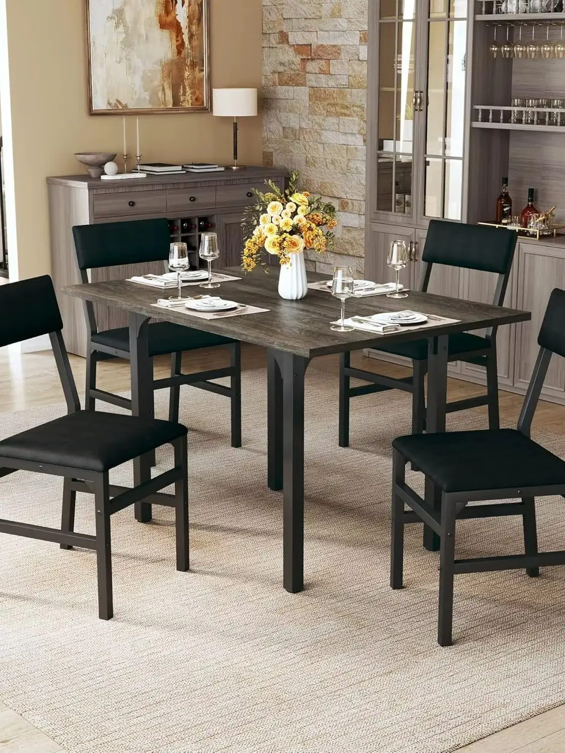 Dining Table Set for 4, Extendable Kitchen Table Cushion Chairs Set of 4, Rectangle Dining Table with Metal Frame & MDF Board, F