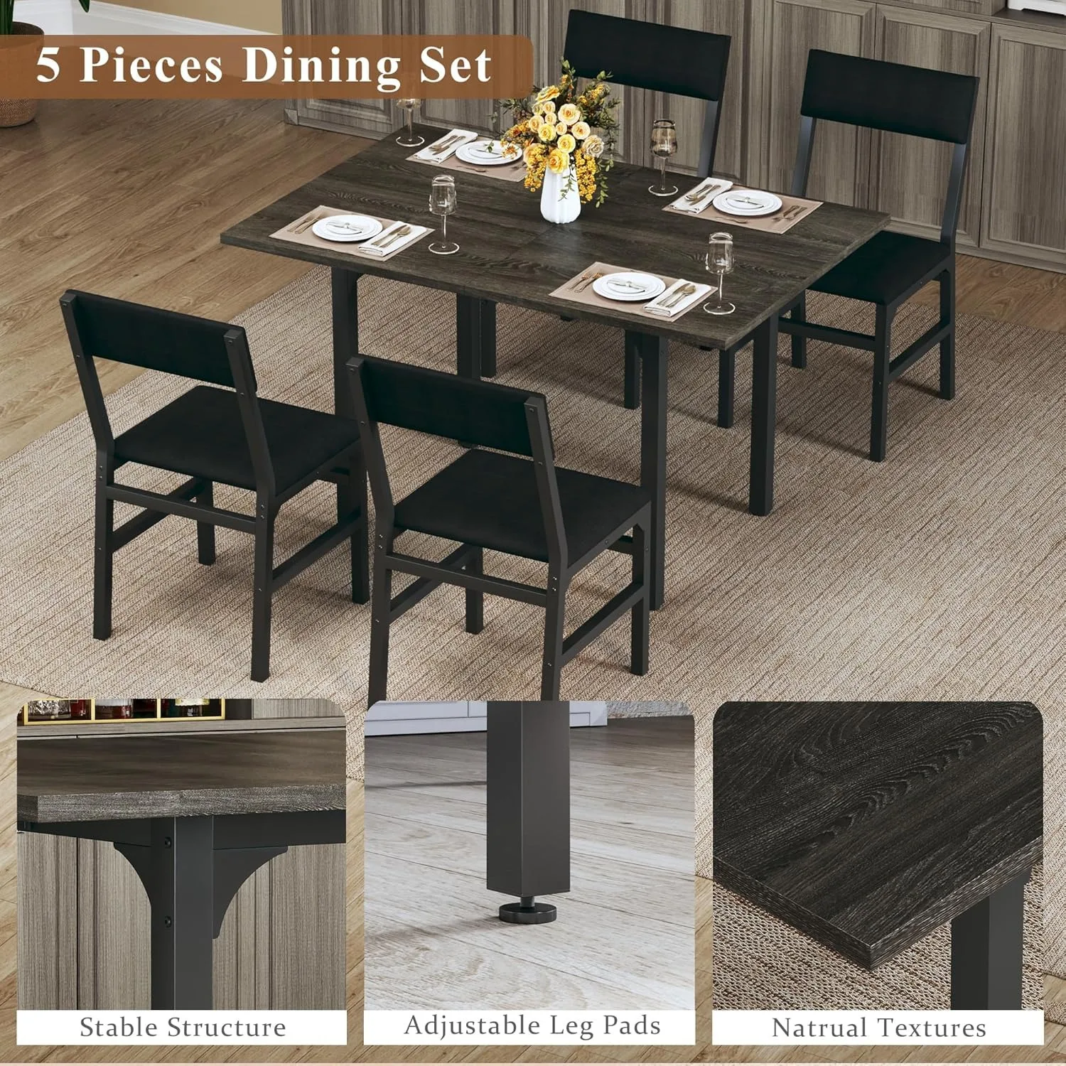 Dining Table Set for 4, Extendable Kitchen Table Cushion Chairs Set of 4, Rectangle Dining Table with Metal Frame & MDF Board, F